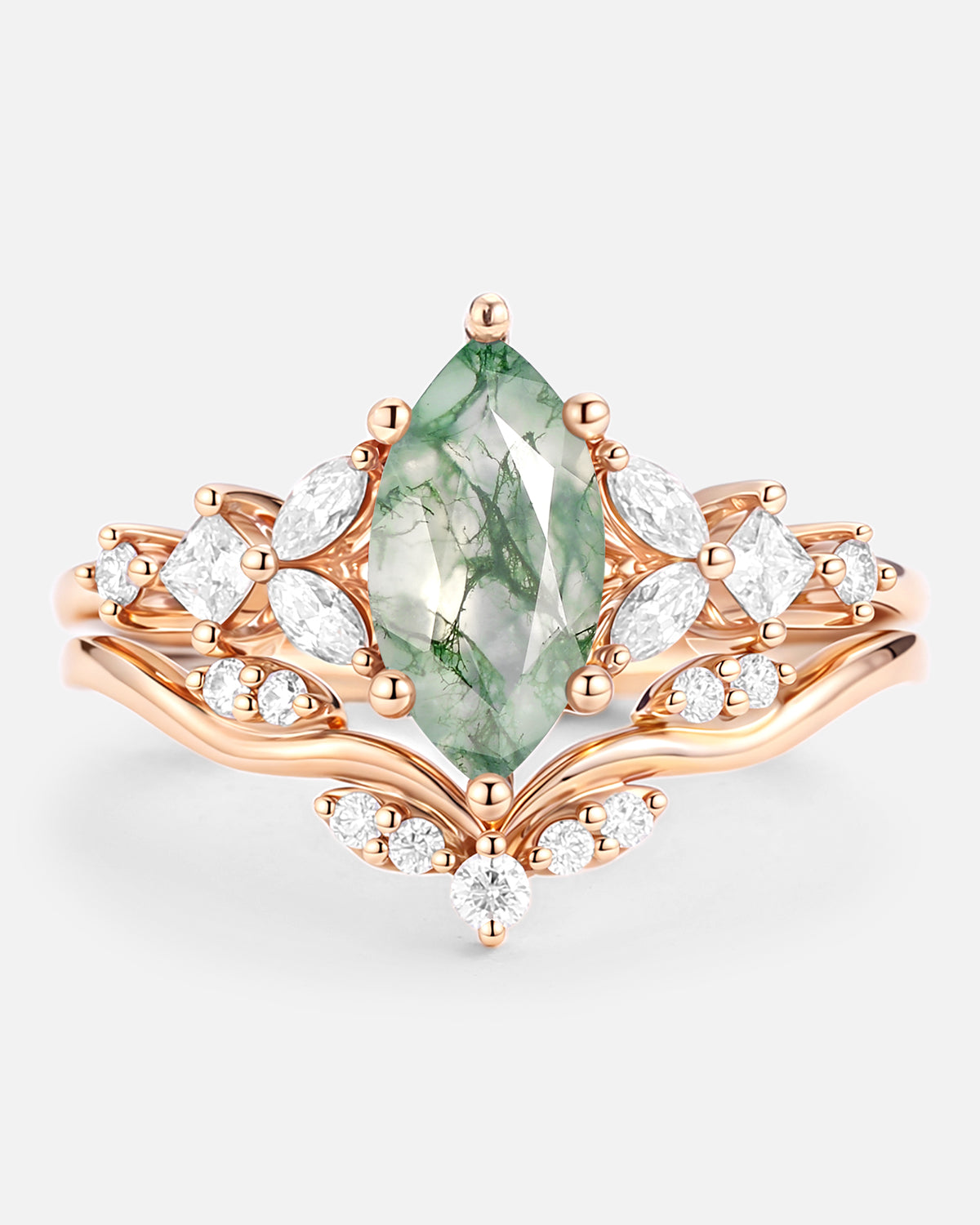 Marquise Cut Moss Agate Engagement Ring Set - Verger | Rose Gold