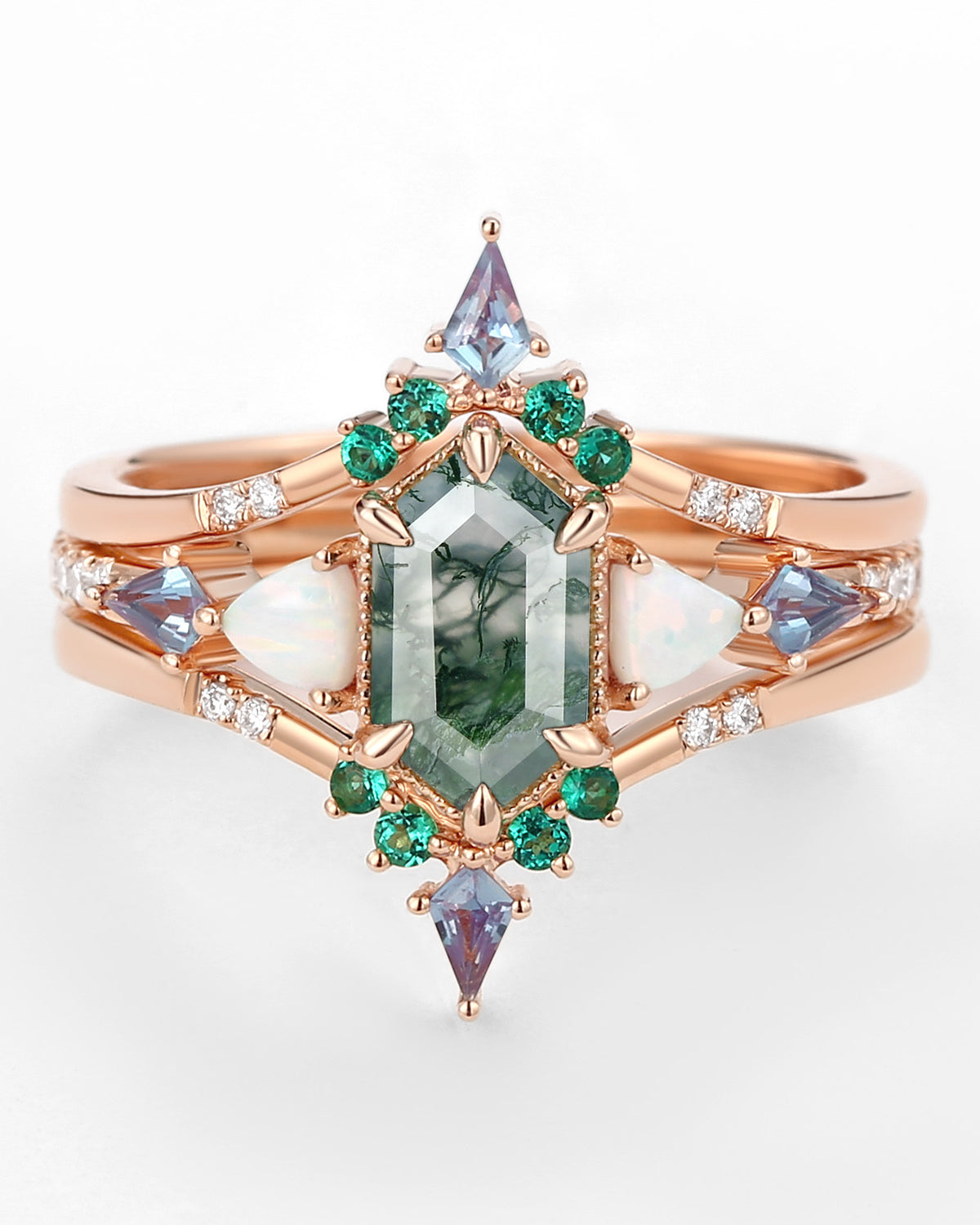 Rose Gold Moss Agate Ring Set Hexagon Engagement Ring