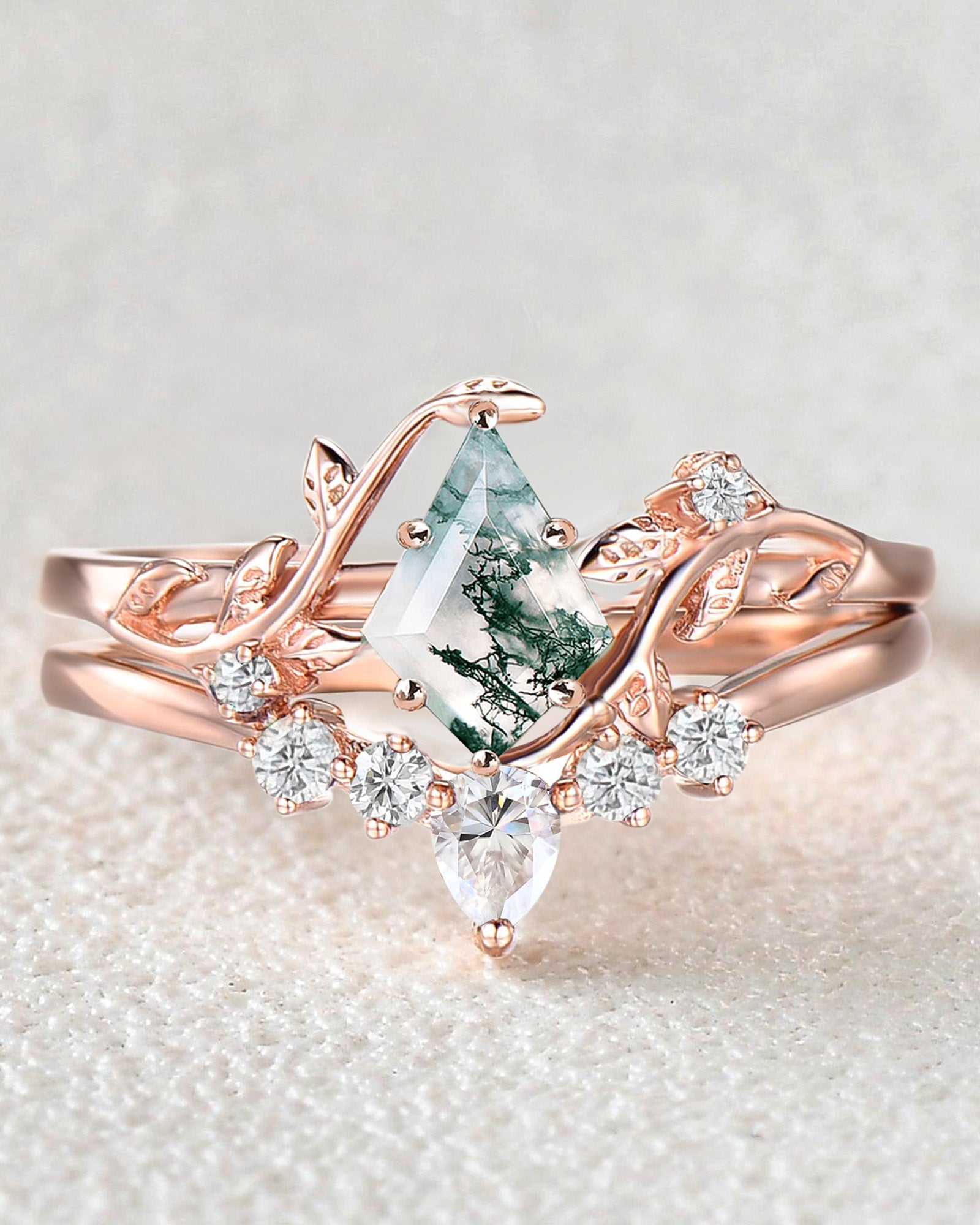 Unique Kite Cut Moss Agate Leafy Bridal Ring