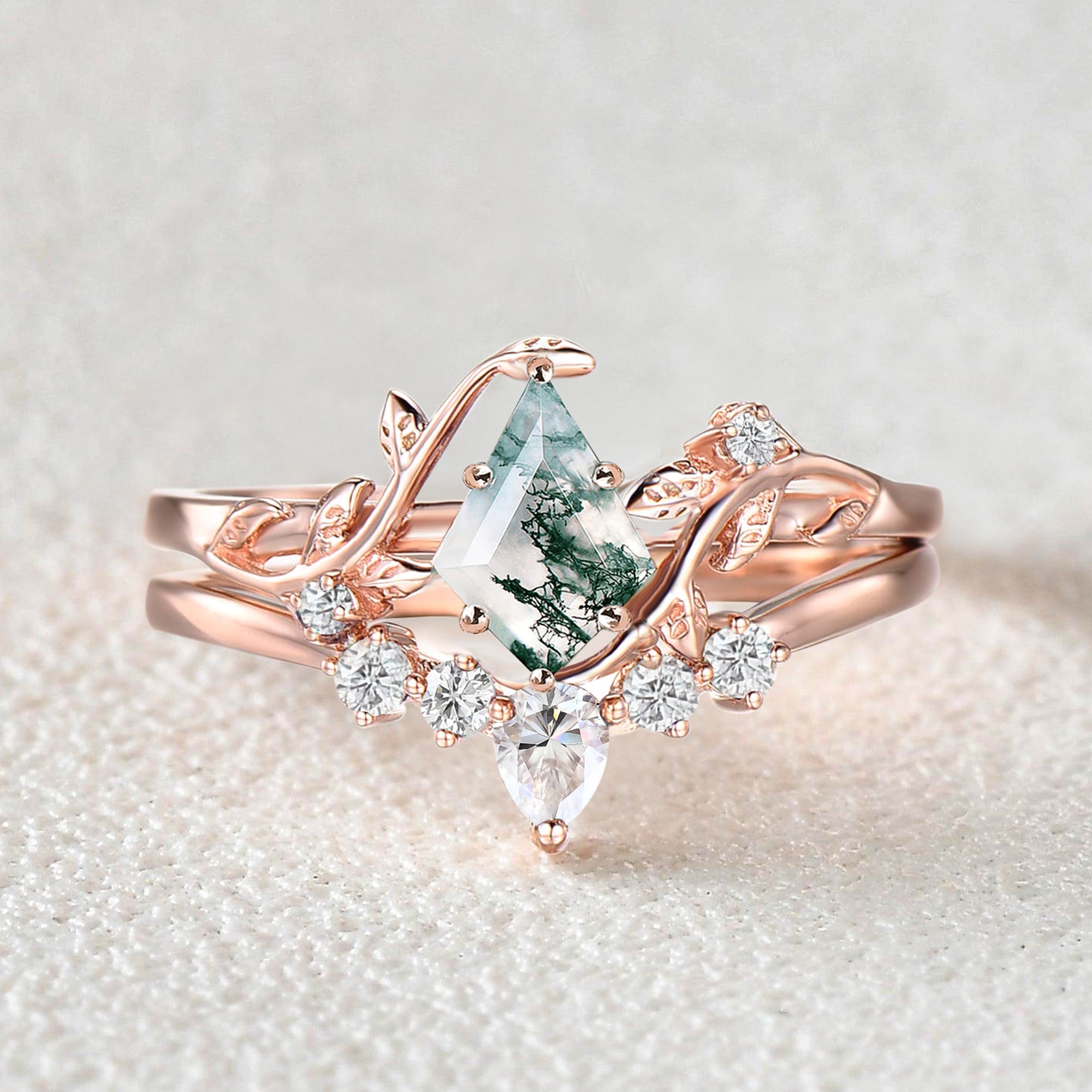 Unique Kite Cut Moss Agate Leafy Bridal Ring