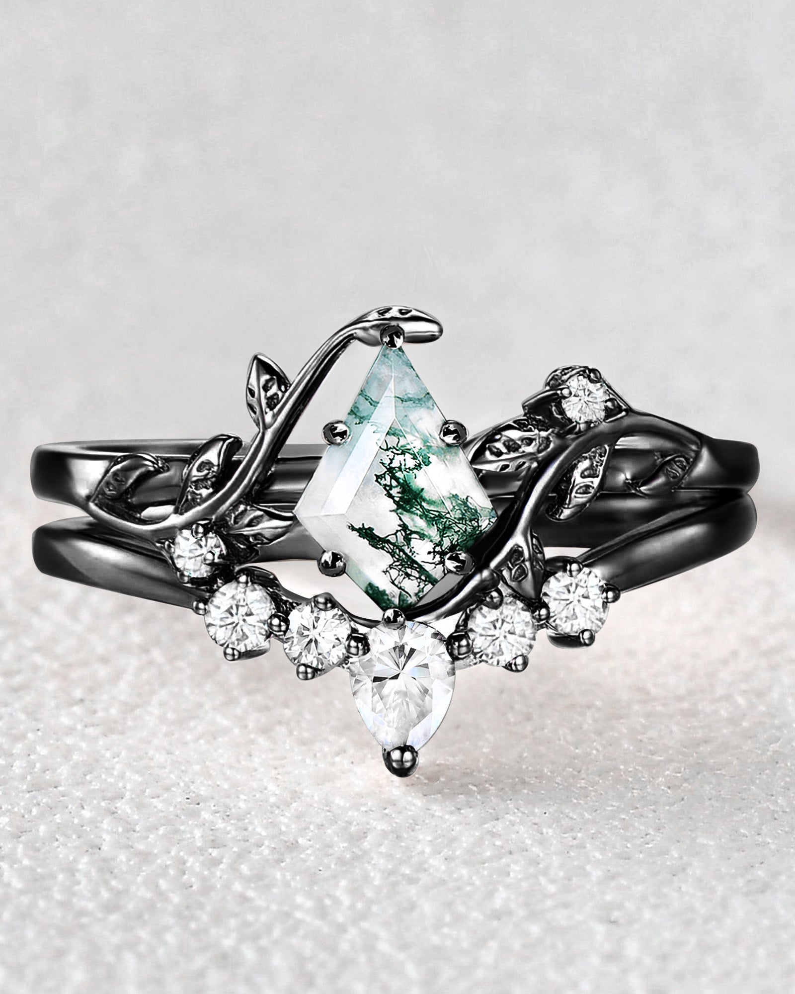 Unique Kite Cut Moss Agate Leafy Bridal Ring Sets 2pcs - Willow