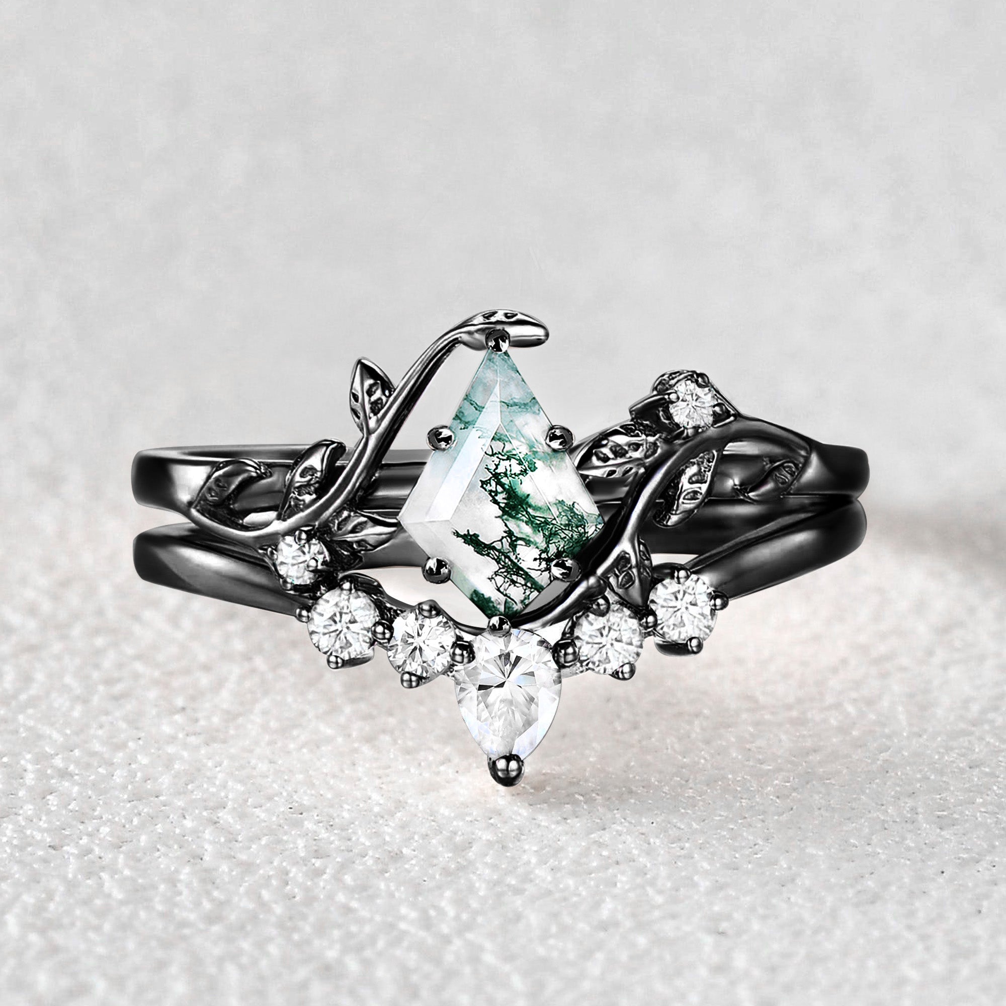 Unique Kite Cut Moss Agate Leafy Bridal Ring Sets 2pcs - Willow