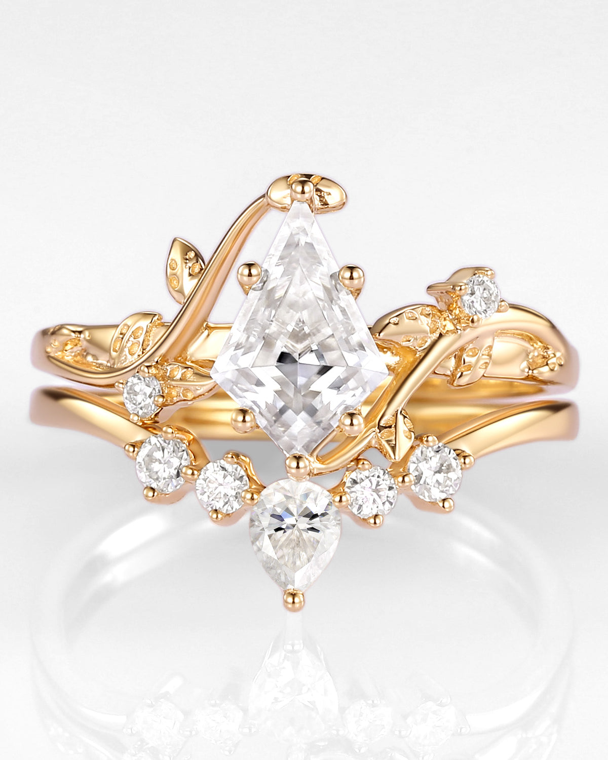 Kite Cut Moissanite Vine Engagement Ring Set 2pcs - Willow