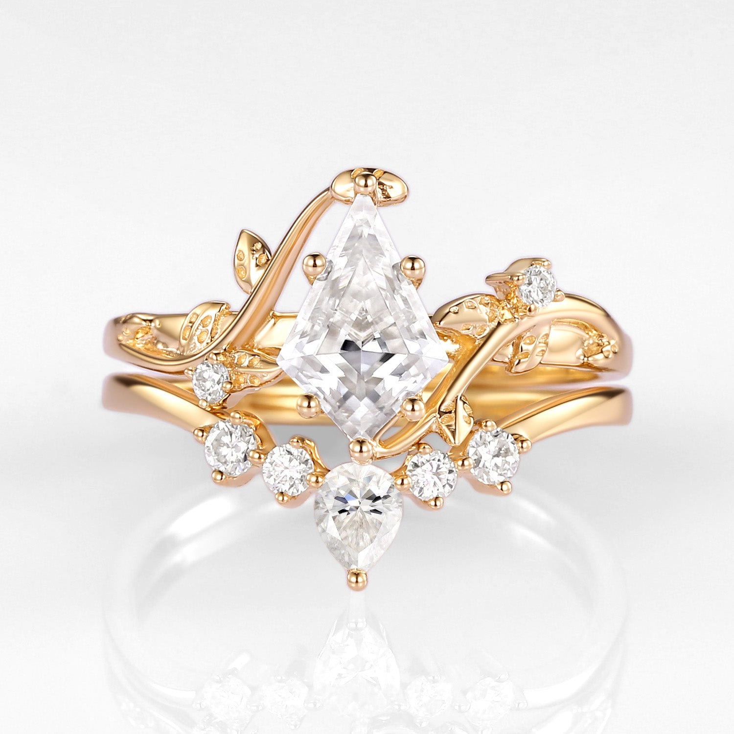 Kite Cut Moissanite Vine Engagement Ring Set 2pcs - Willow