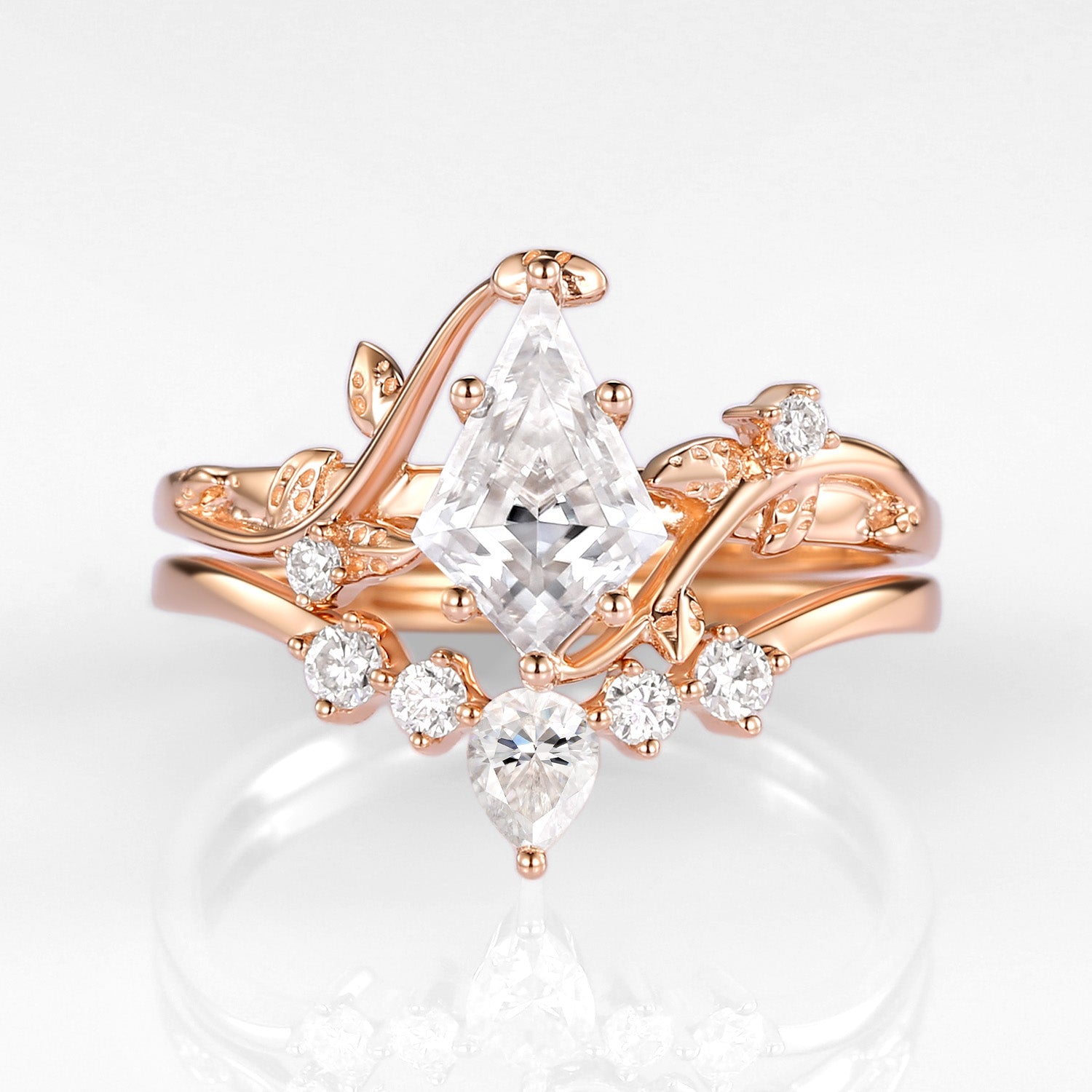 Kite Cut Moissanite Vine Engagement Ring Set 2pcs - Willow
