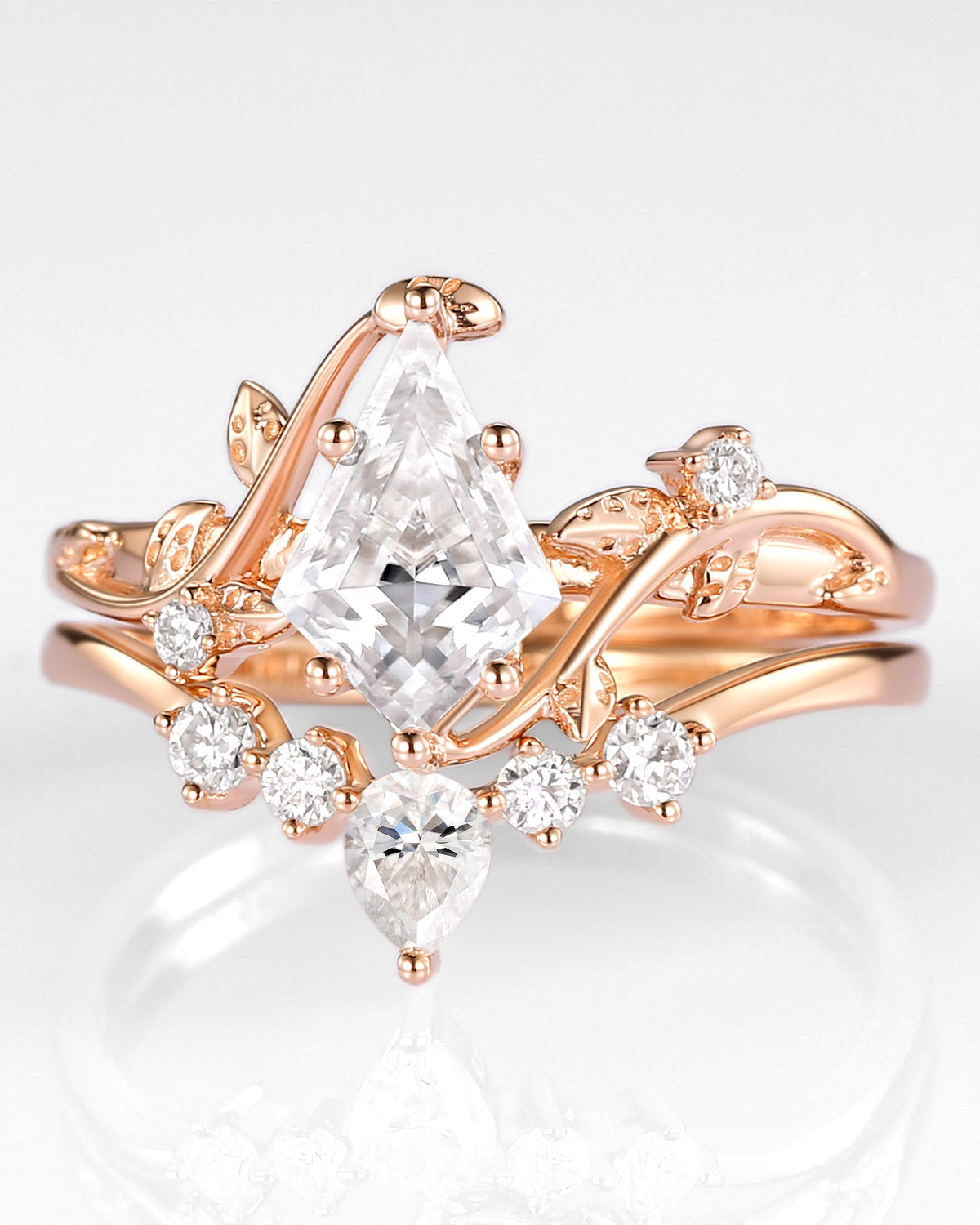 Kite Cut Moissanite Vine Engagement Ring Set 2pcs - Willow