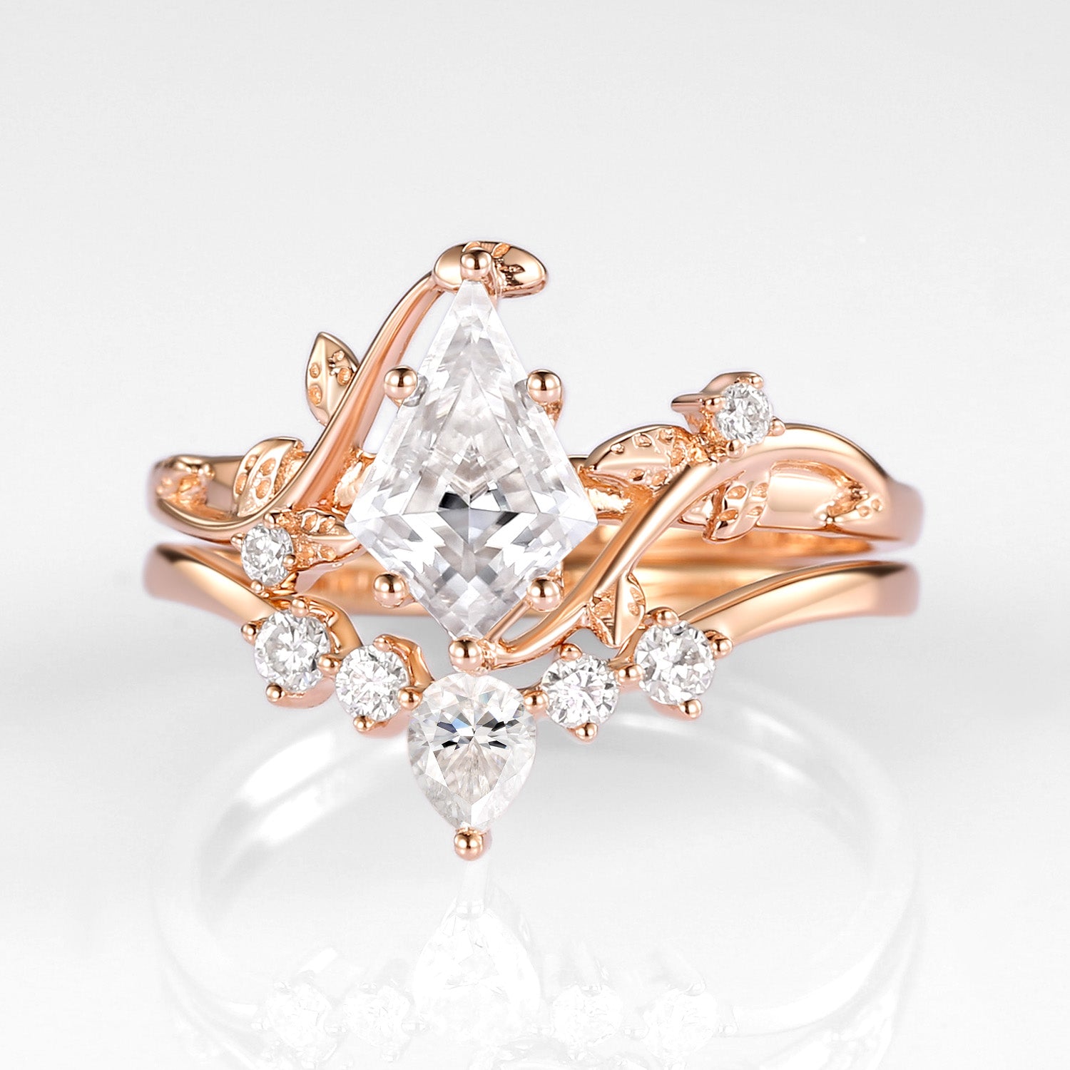 Kite Cut Moissanite Vine Engagement Ring Set 2pcs - Willow