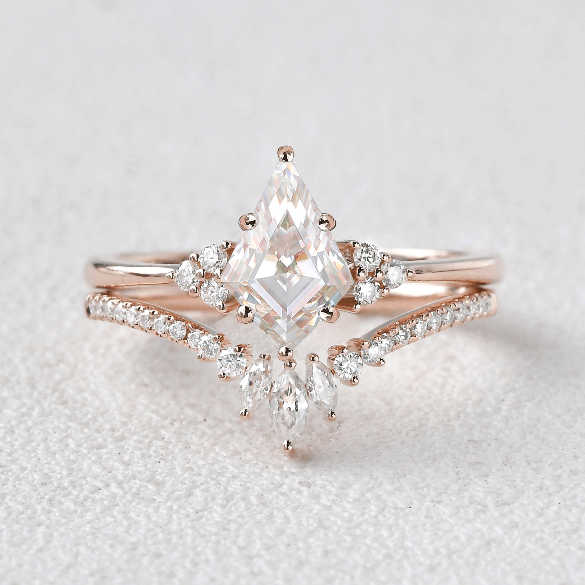 Unique Kite Cut Engagement Ring Set 2pcs - Lydia