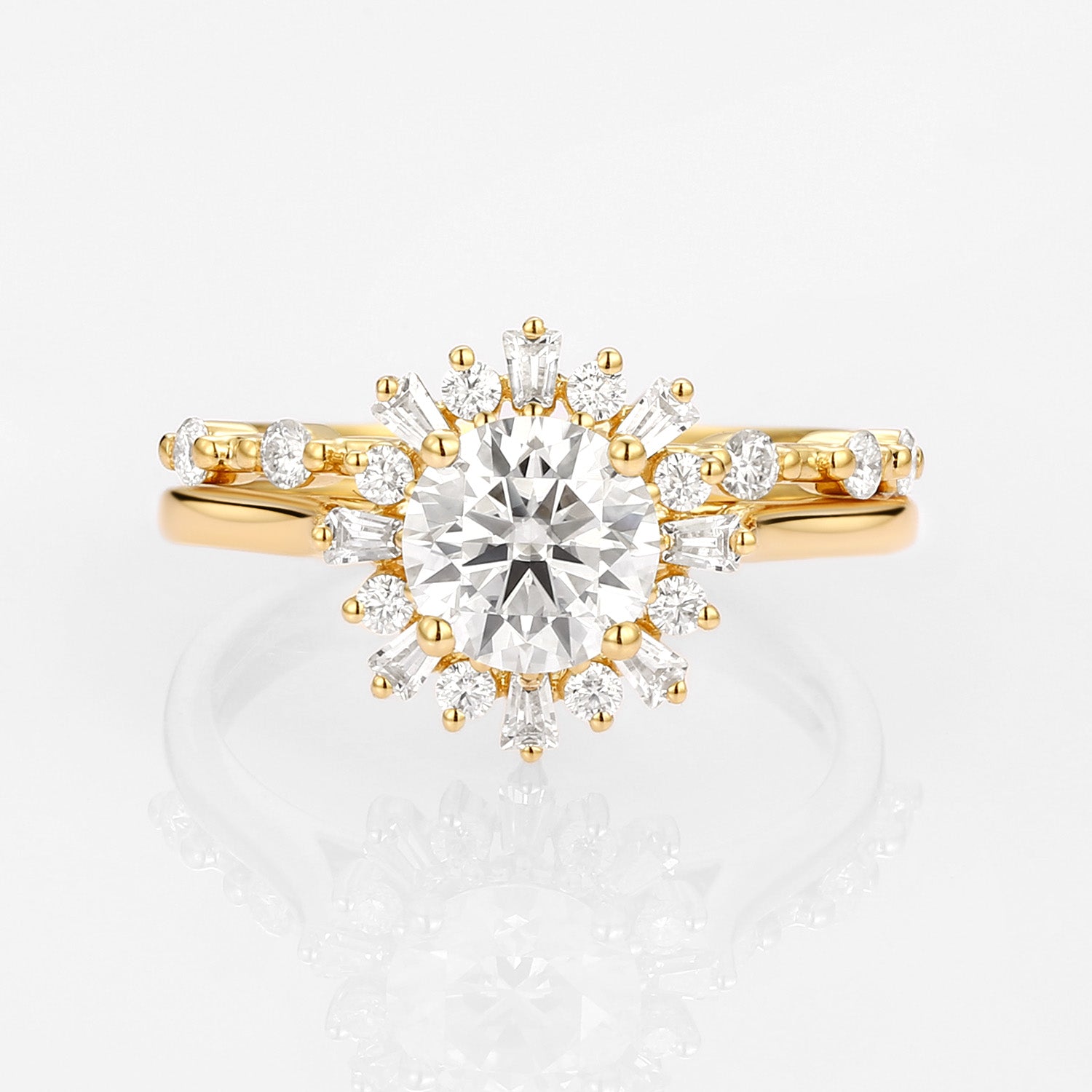 1.0ct Round Moissanite Halo Floral Ring Set 2pcs