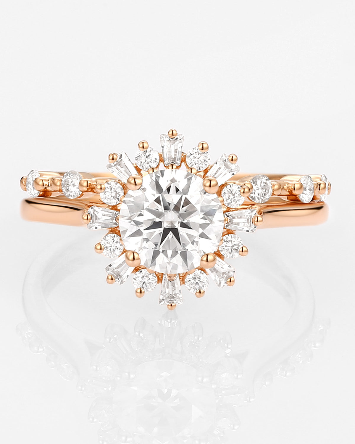 1.0ct Round Moissanite Halo Floral Ring Set 2pcs