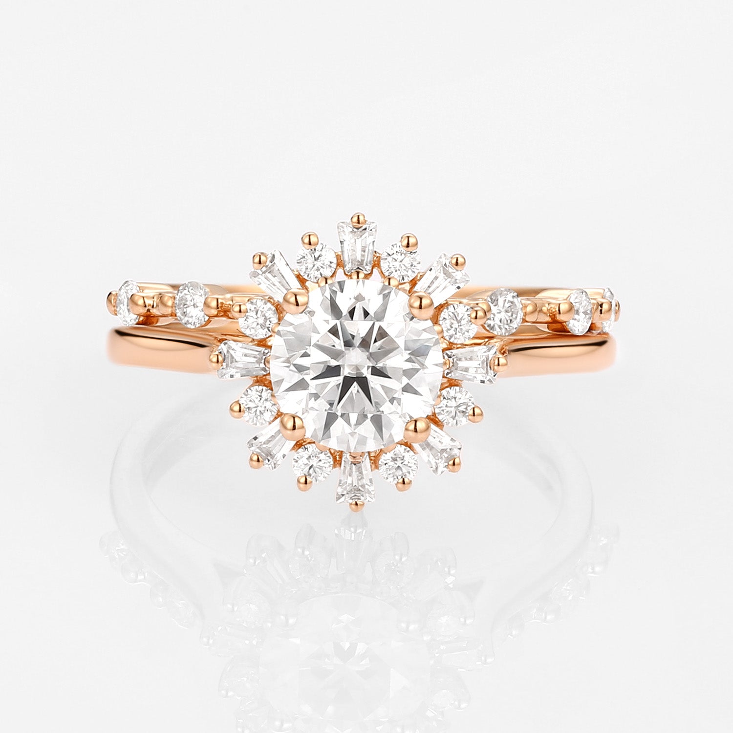 1.0ct Round Moissanite Halo Floral Ring Set 2pcs