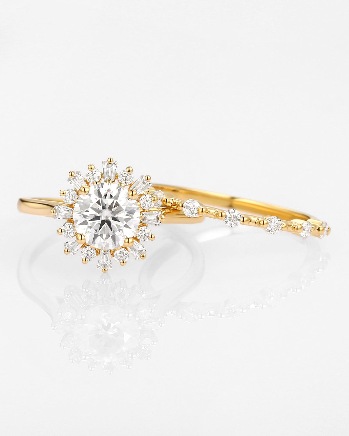 1.0ct Round Moissanite Halo Floral Ring Set 2pcs