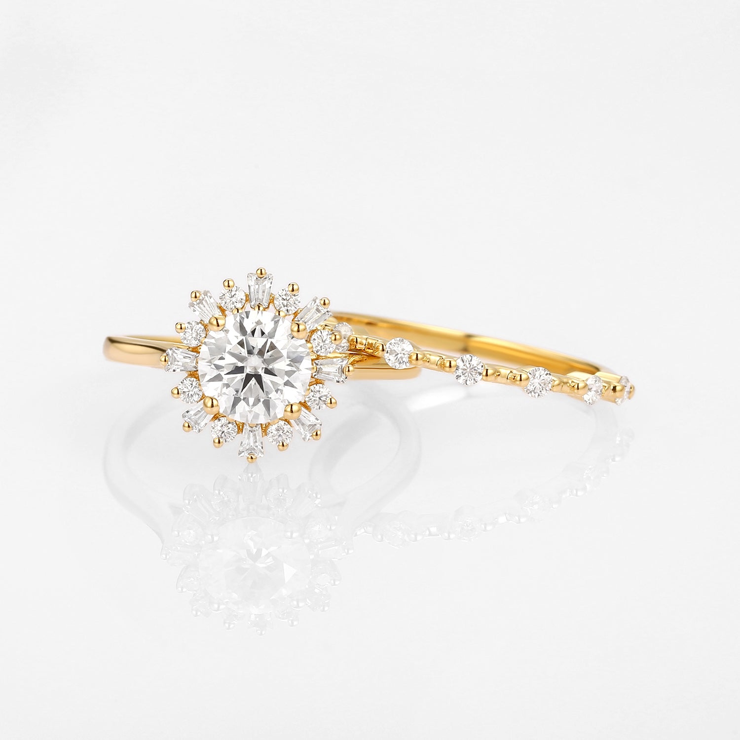 1.0ct Round Moissanite Halo Floral Ring Set 2pcs