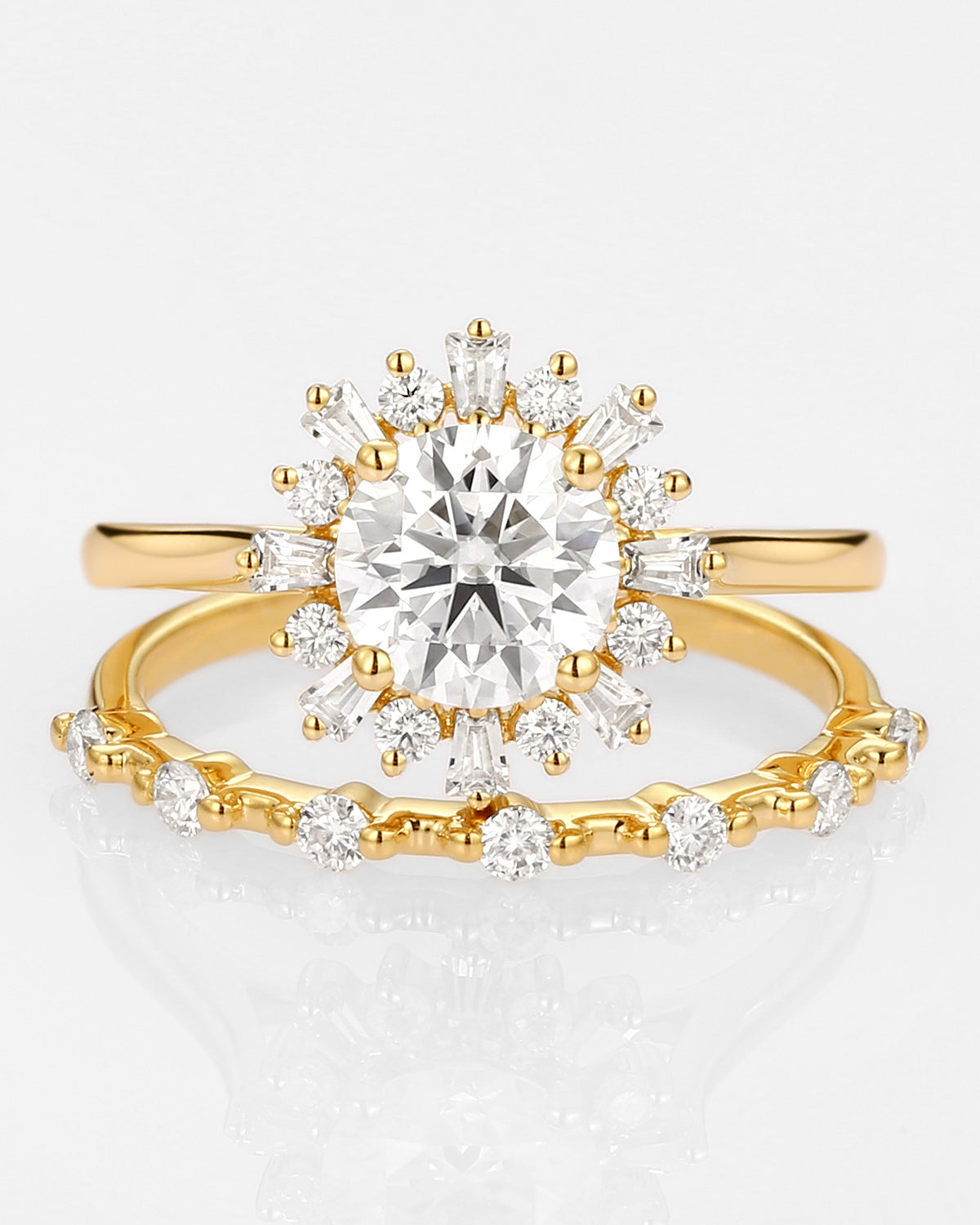 1.0ct Round Moissanite Halo Floral Ring Set 2pcs