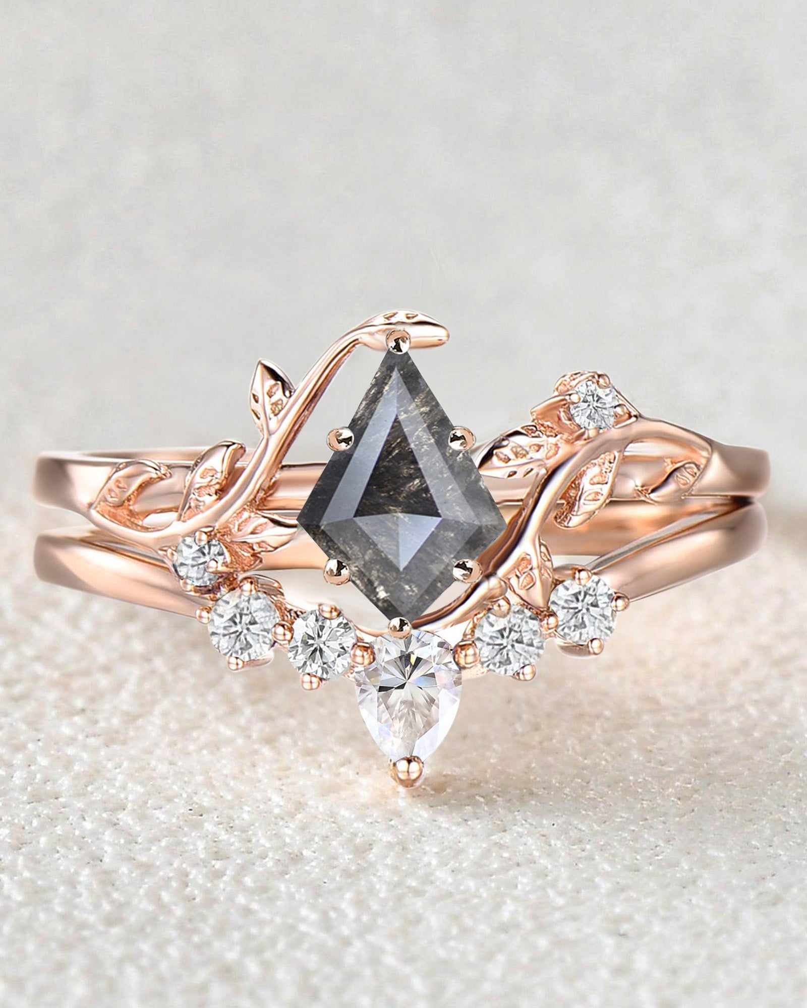 Unique Kite Cut Salt and Pepper Diamond Leafy Engagement Ring