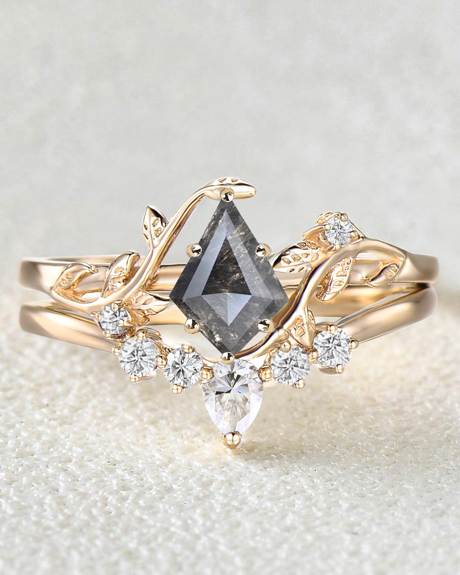 Unique Kite Cut Salt and Pepper Diamond Leafy Engagement Ring