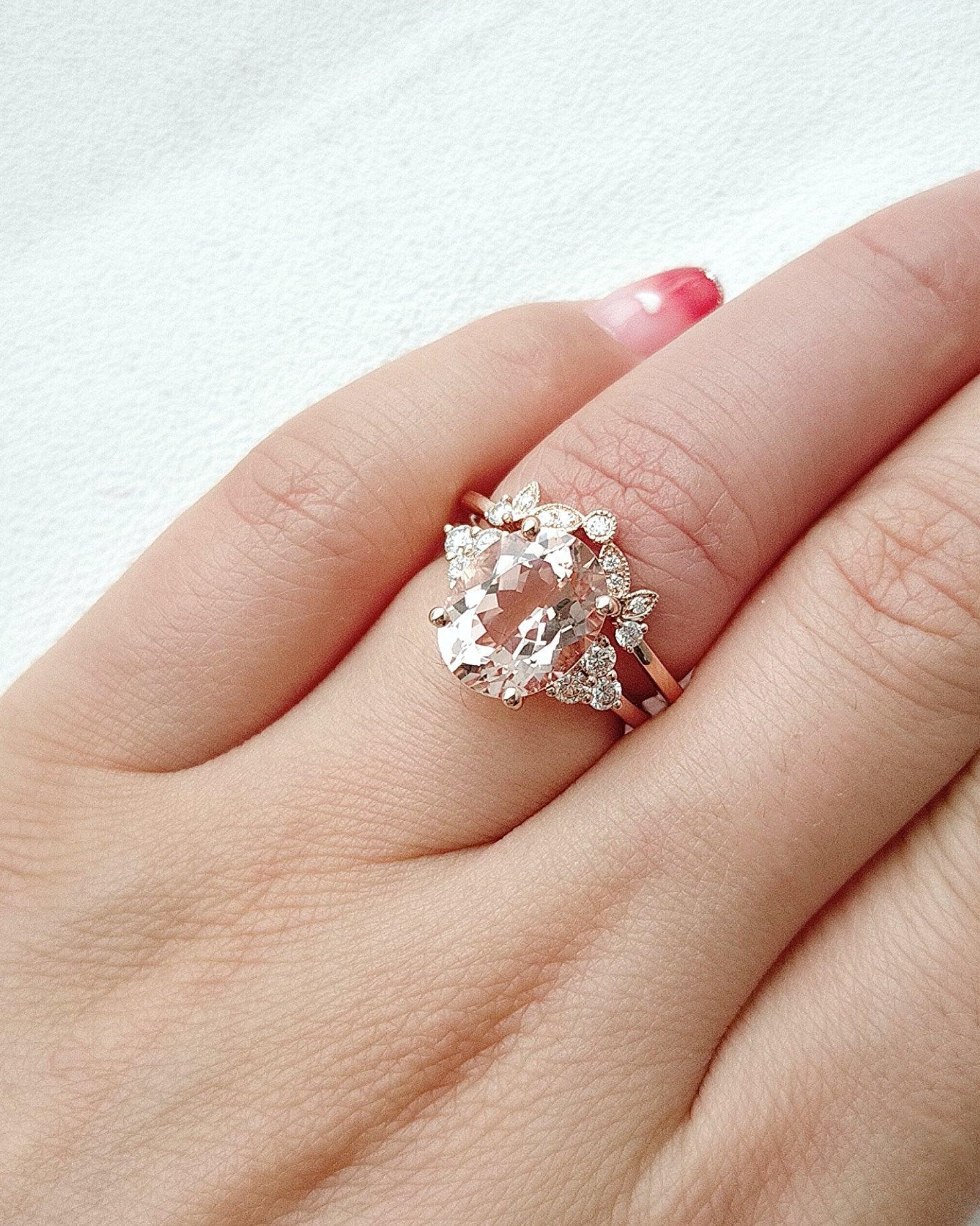 3.0ct Oval Cut Peachy Morganite Rose Gold Ring Set 2pcs - Felicegals 丨Wedding ring 丨Fashion ring 丨Diamond ring 丨Gemstone ring--Felicegals 丨Wedding ring 丨Fashion ring 丨Diamond ring 丨Gemstone ring