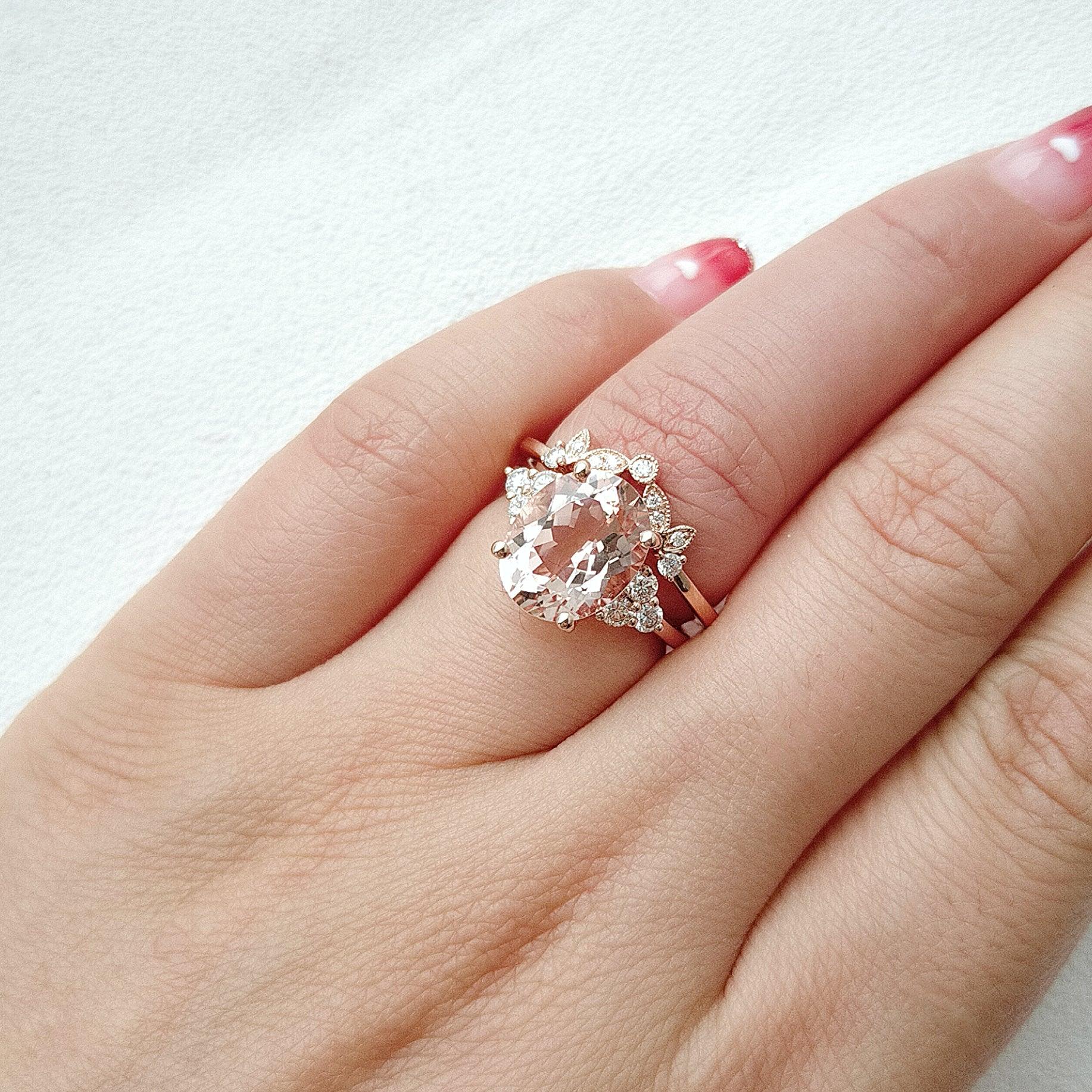 3.0ct Oval Cut Peachy Morganite Rose Gold Ring Set 2pcs - Felicegals 丨Wedding ring 丨Fashion ring 丨Diamond ring 丨Gemstone ring--Felicegals 丨Wedding ring 丨Fashion ring 丨Diamond ring 丨Gemstone ring