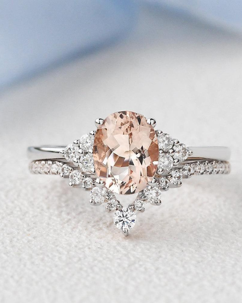 Peachy Morganite Oval Classic Ring Set 2pcs - Felicegals