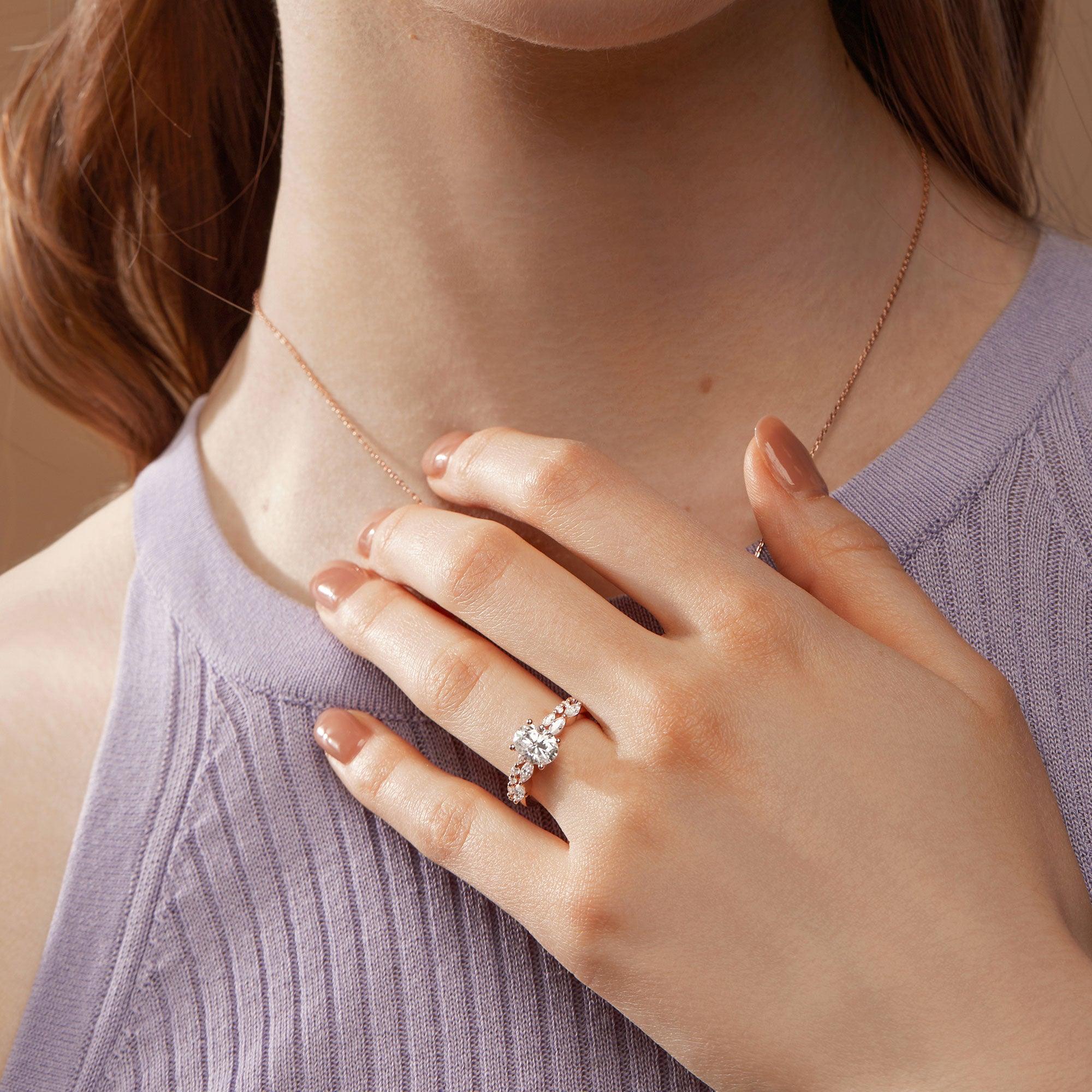 1.5ct Oval Cut Moissanite Pave Vintage Solitaire Ring Set 2pcs - Felicegals 丨Wedding ring 丨Fashion ring 丨Diamond ring 丨Gemstone ring