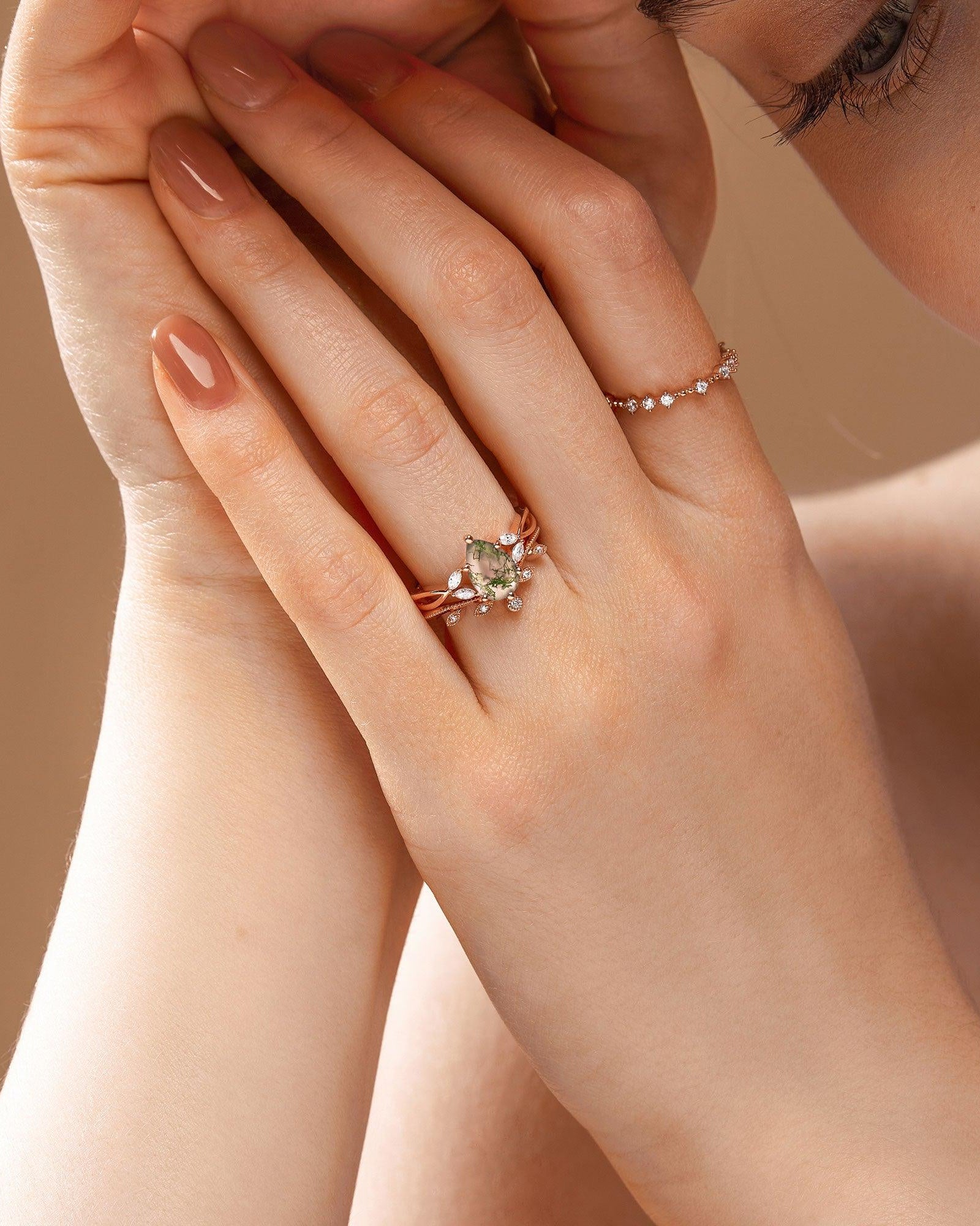 Pear Shaped Moss Agate Bridal Ring Set 2pcs - Felicegals 丨Wedding ring 丨Fashion ring 丨Diamond ring 丨Gemstone ring