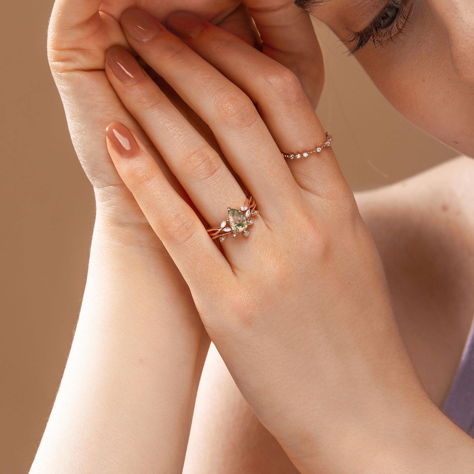Pear Shaped Moss Agate Bridal Ring Set 2pcs - Felicegals 丨Wedding ring 丨Fashion ring 丨Diamond ring 丨Gemstone ring