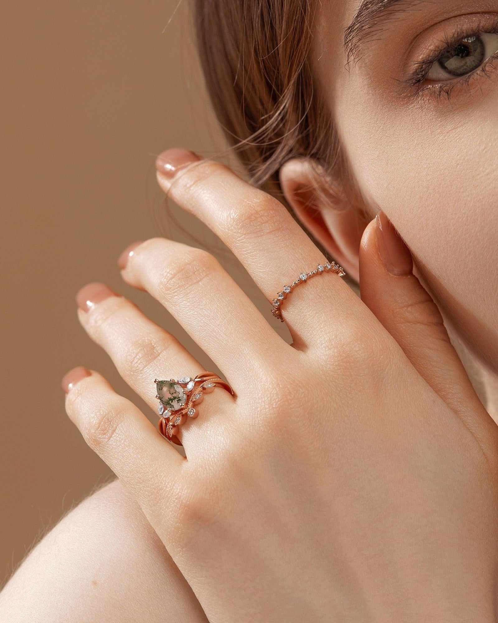 Pear Shaped Moss Agate Bridal Ring Set 2pcs - Felicegals 丨Wedding ring 丨Fashion ring 丨Diamond ring 丨Gemstone ring