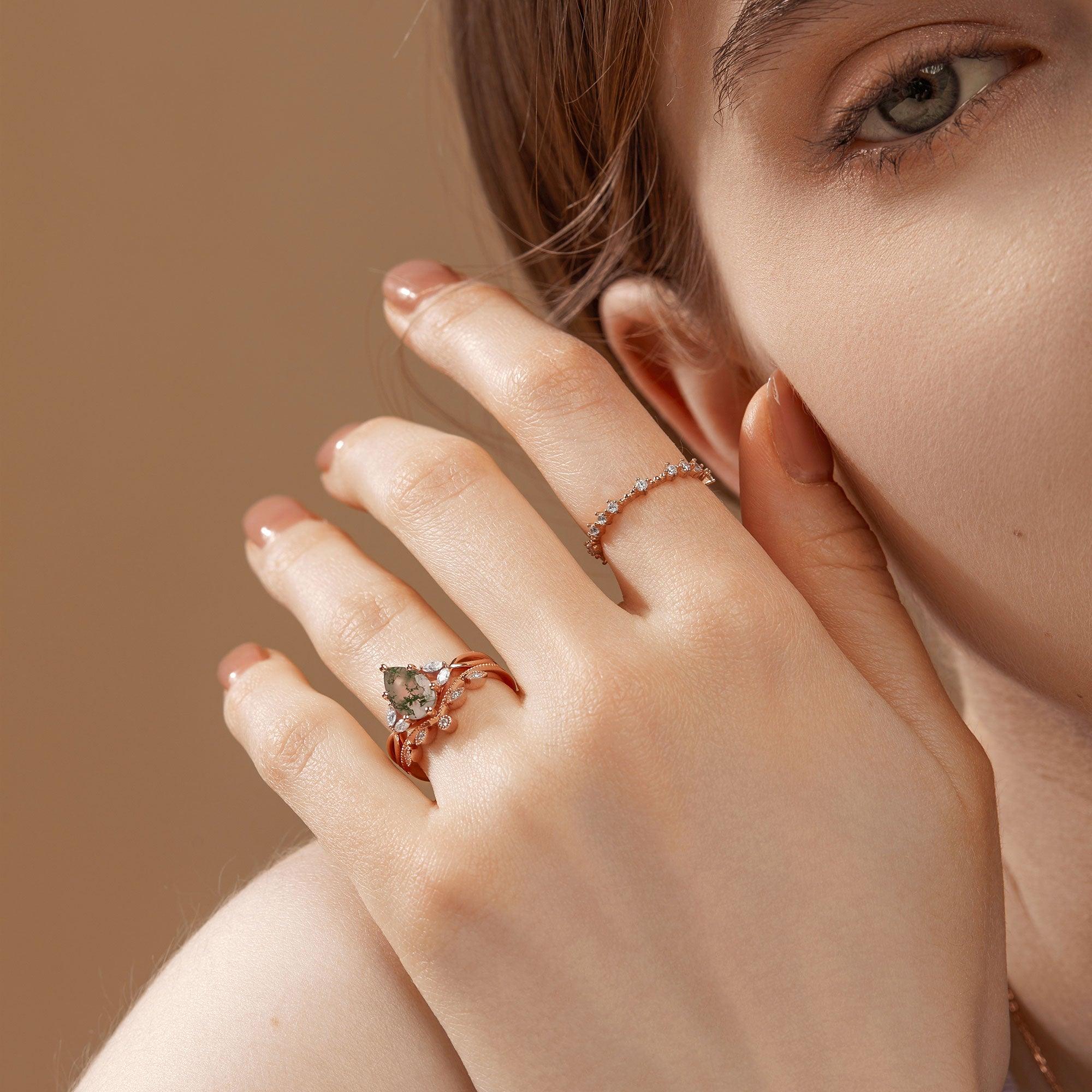 Pear Shaped Moss Agate Bridal Ring Set 2pcs - Felicegals 丨Wedding ring 丨Fashion ring 丨Diamond ring 丨Gemstone ring
