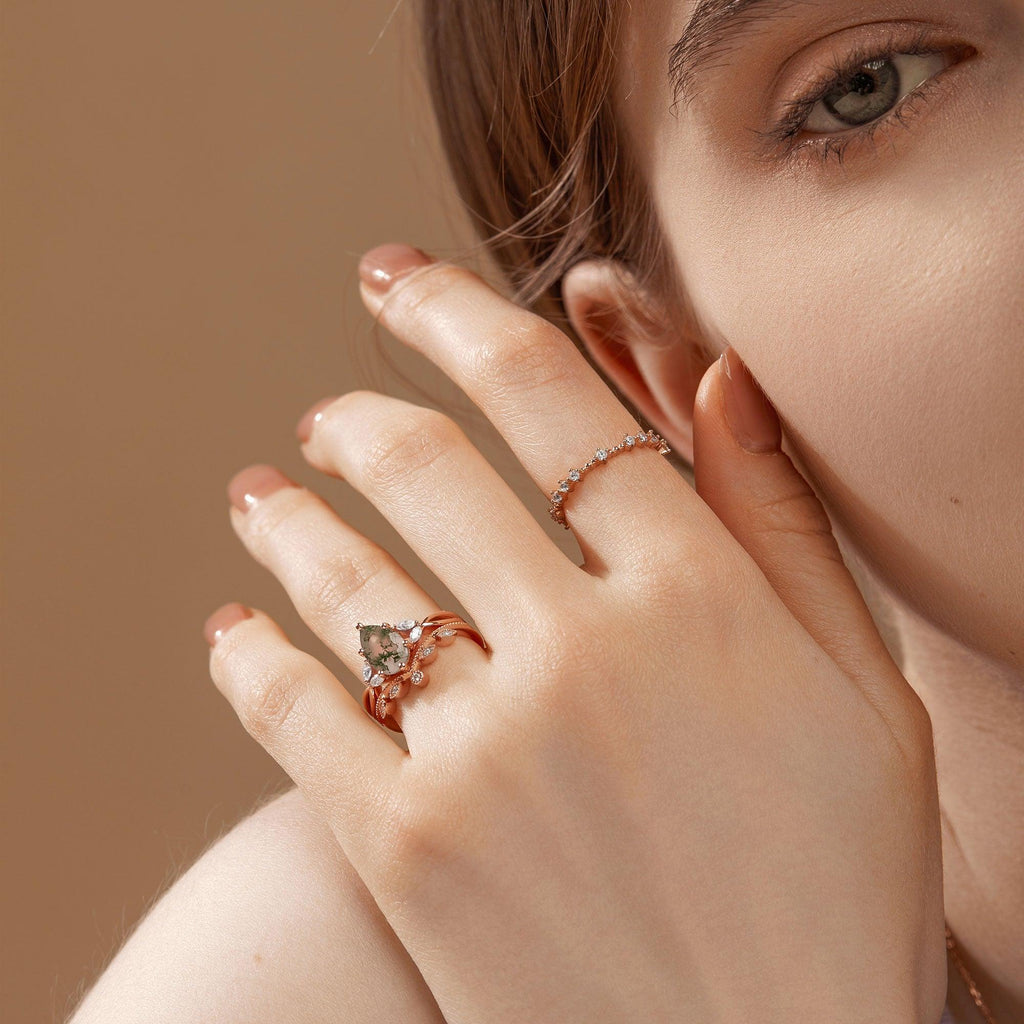 Pear Shaped Moss Agate Bridal Ring Set 2pcs - Felicegals 丨Wedding ring 丨Fashion ring 丨Diamond ring 丨Gemstone ring