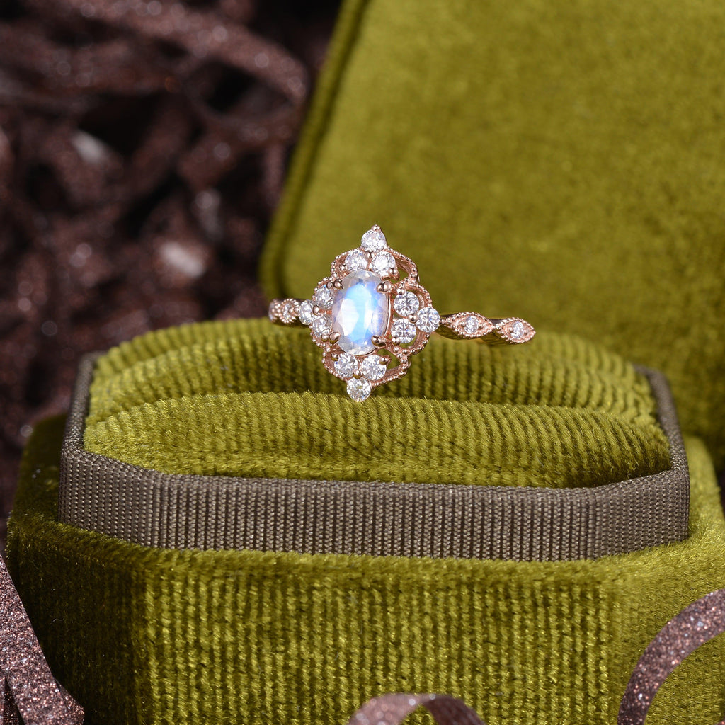 Moonstone & Moissanite Vintage Inspired Ring - Felicegals 丨Wedding ring 丨Fashion ring 丨Diamond ring 丨Gemstone ring--Felicegals