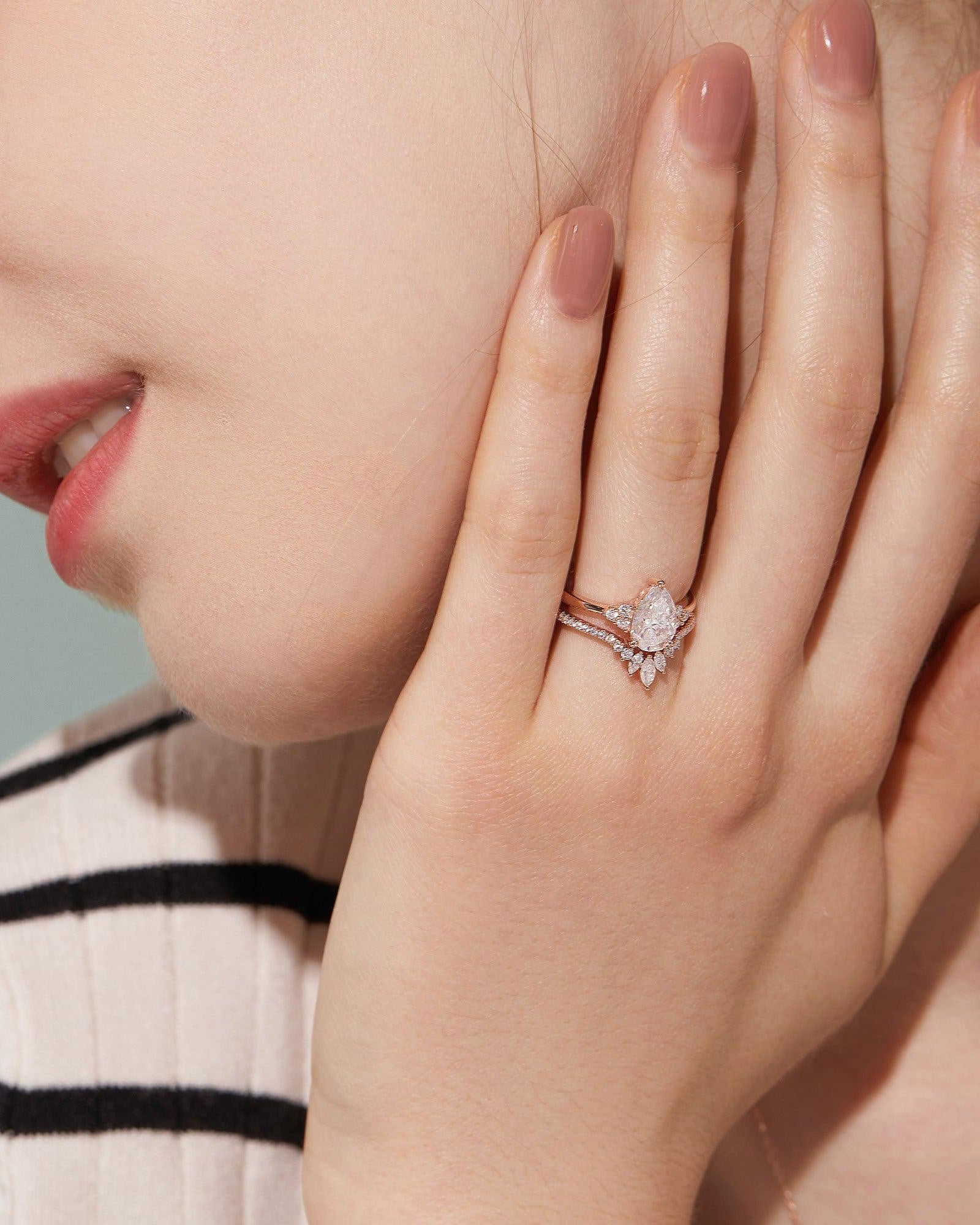 1.5ct Pear Moissanite Vintage Ring Set 2pcs - Felicegals 丨Wedding ring 丨Fashion ring 丨Diamond ring 丨Gemstone ring