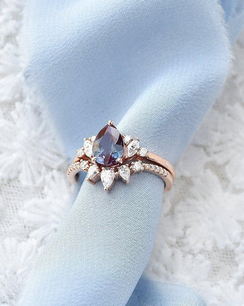 Lab Alexandrite & Moissanite Rose Gold Ring Set 2pcs - Felicegals
