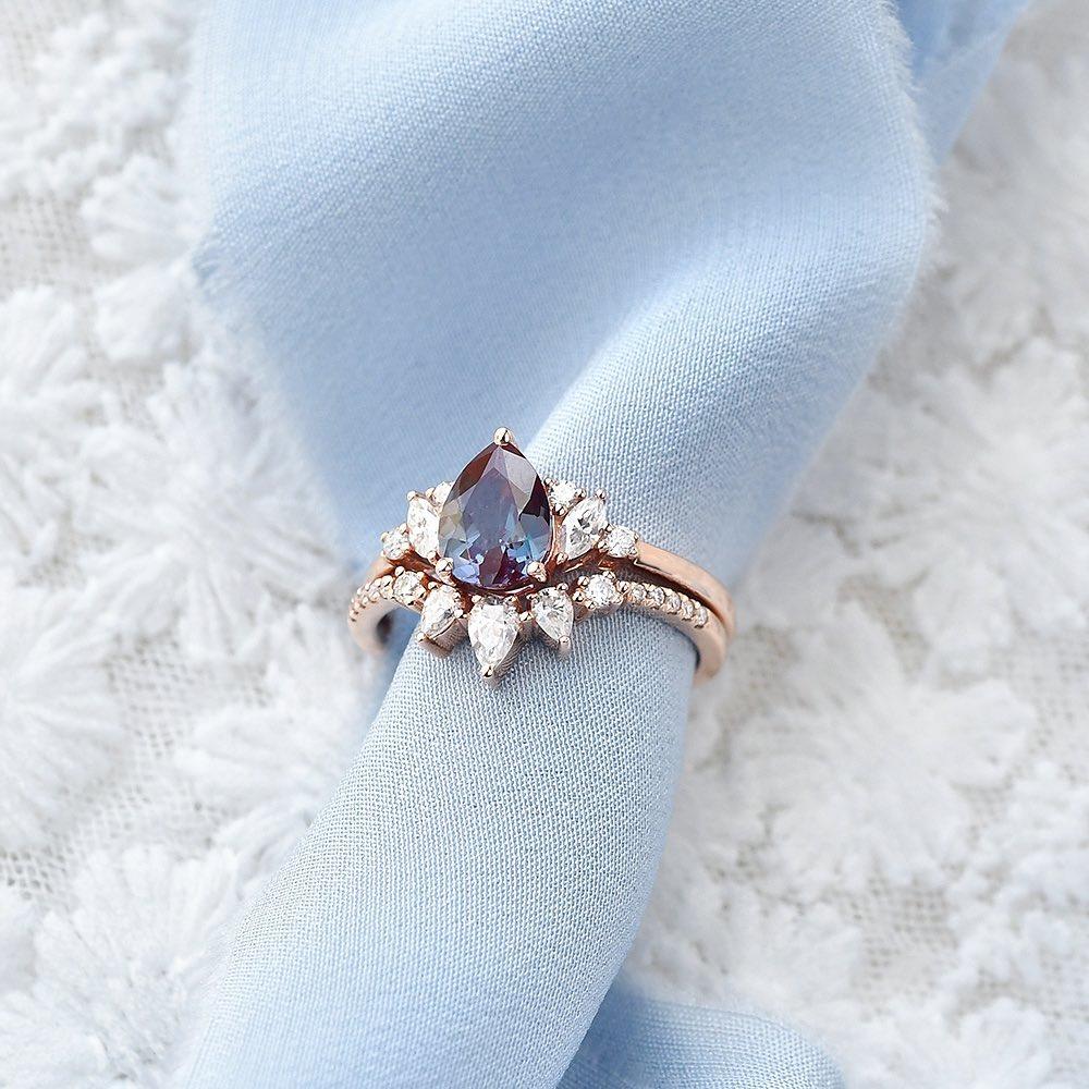 Lab Alexandrite & Moissanite Rose Gold Ring Set 2pcs - Felicegals