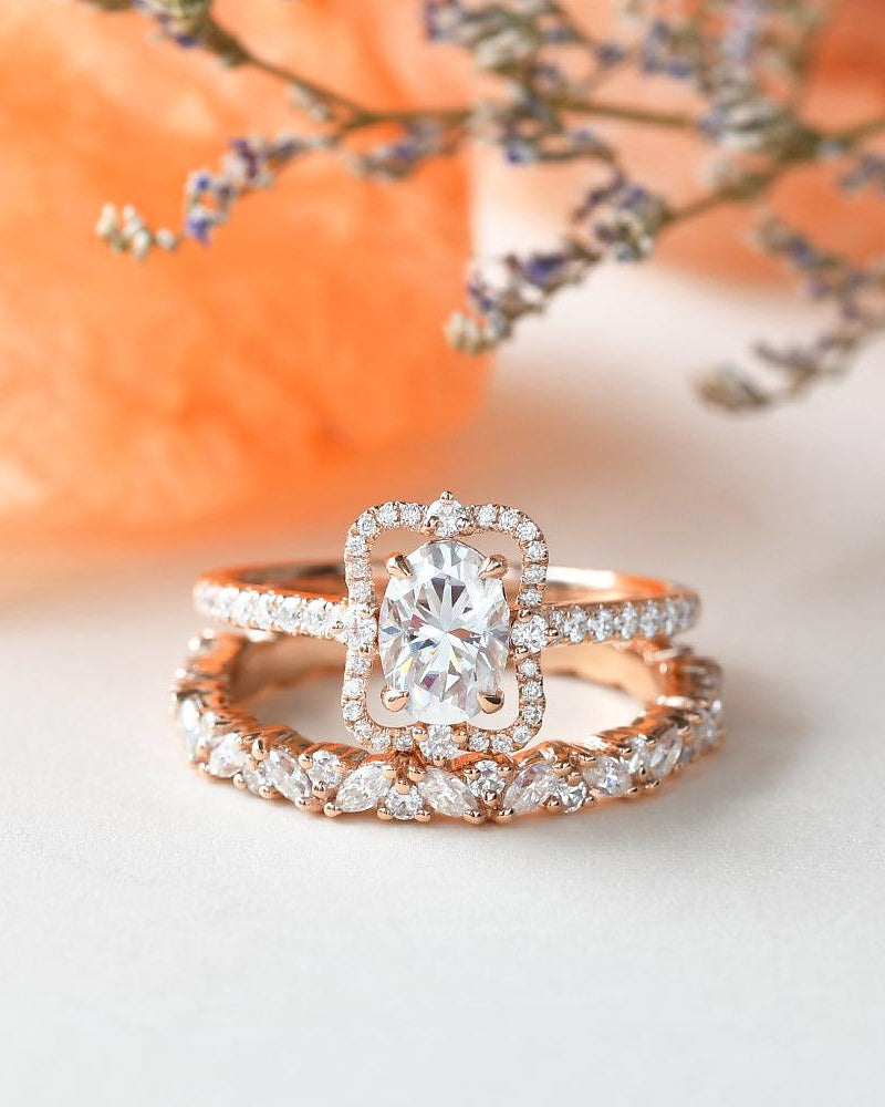 Oval Moissanite White Gold Antique Ring Set 2pcs - Felicegals 丨Wedding ring 丨Fashion ring 丨Diamond ring 丨Gemstone ring--Felicegals