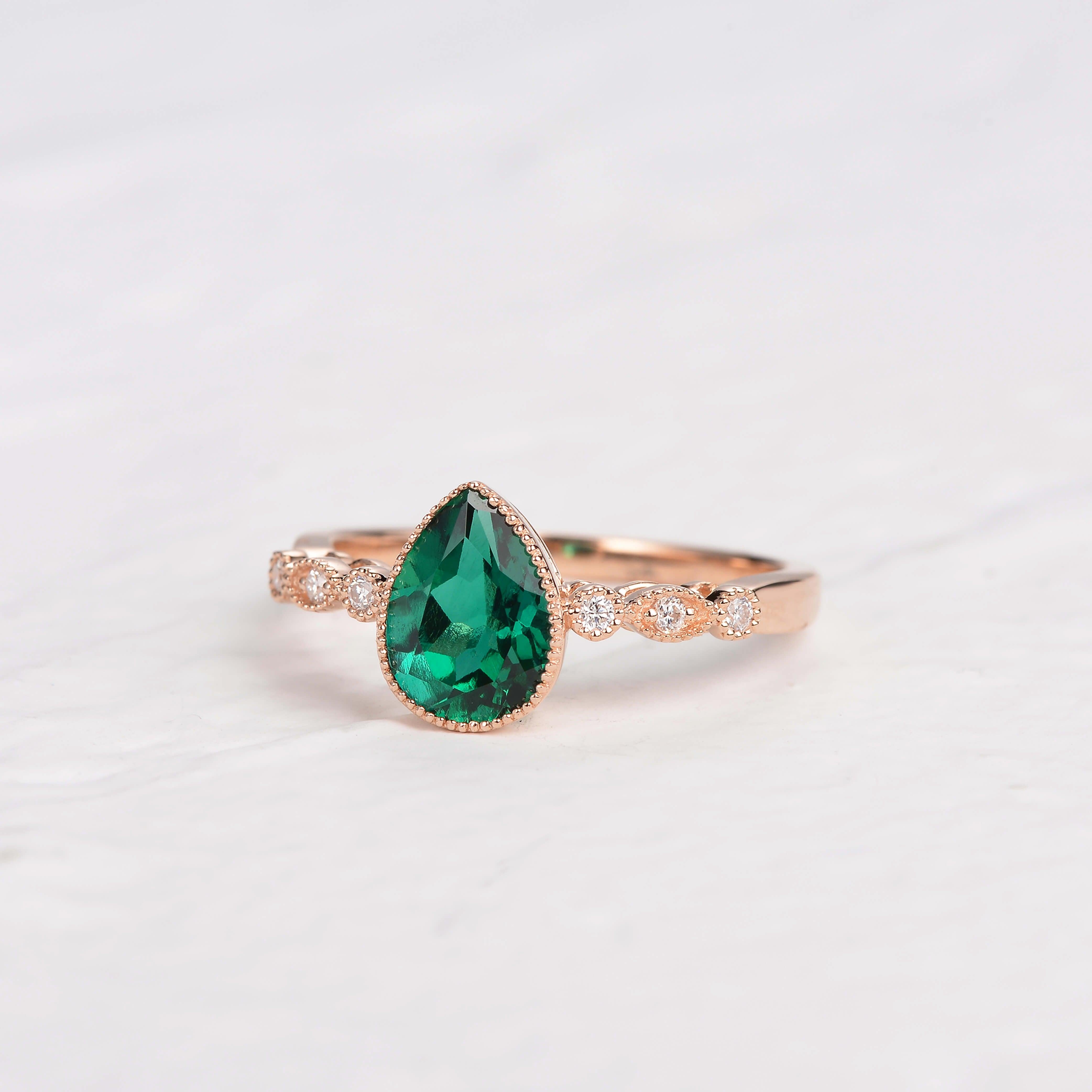 Pear Shaped Lab Emerald Rose Gold Ring - Felicegals 丨Wedding ring 丨Fashion ring 丨Diamond ring 丨Gemstone ring--Felicegals