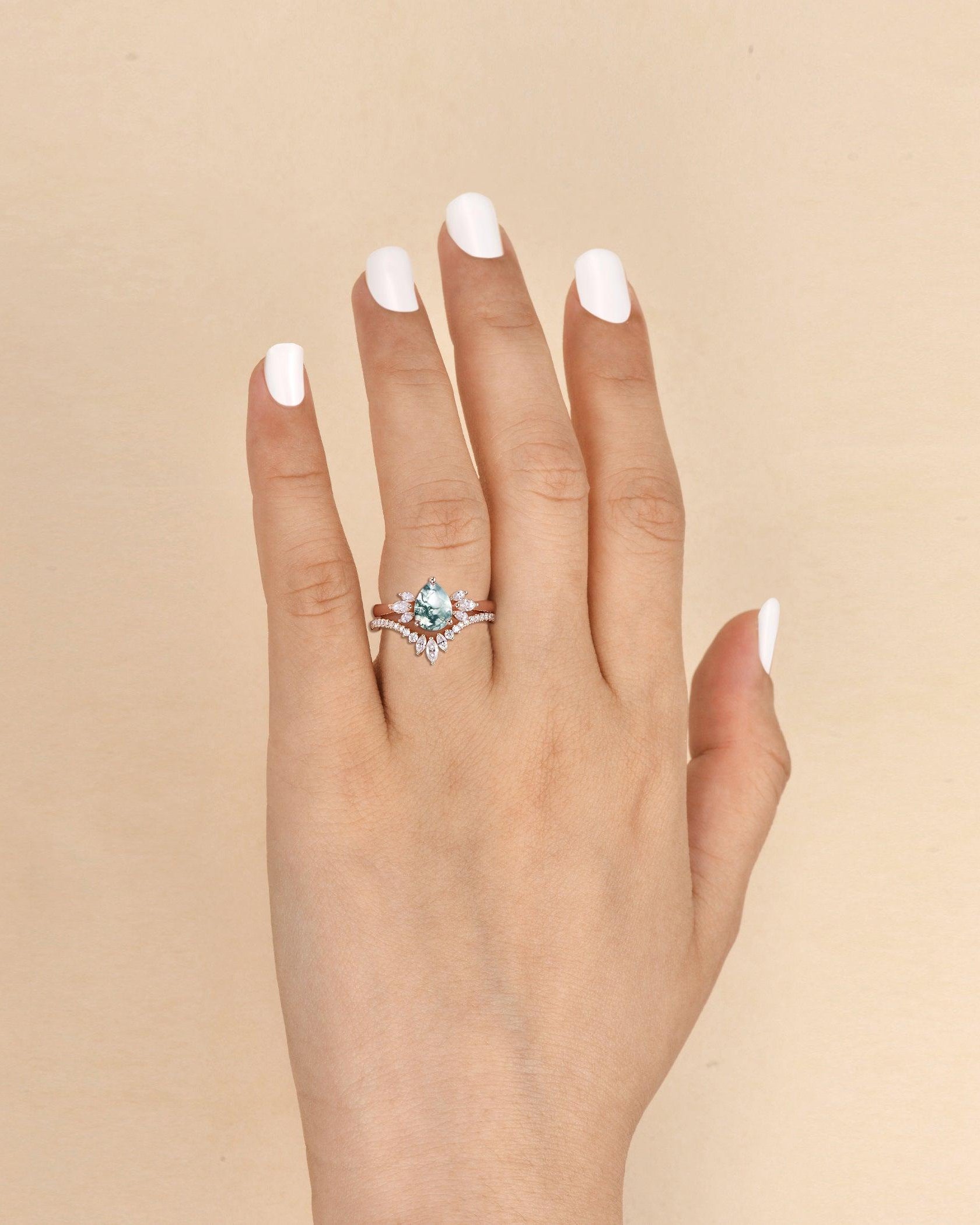 1.5ct Pear Shaped Moss Agate Butterfly Cluster Ring Set 2pcs - Felicegals 丨Wedding ring 丨Fashion ring 丨Diamond ring 丨Gemstone ring