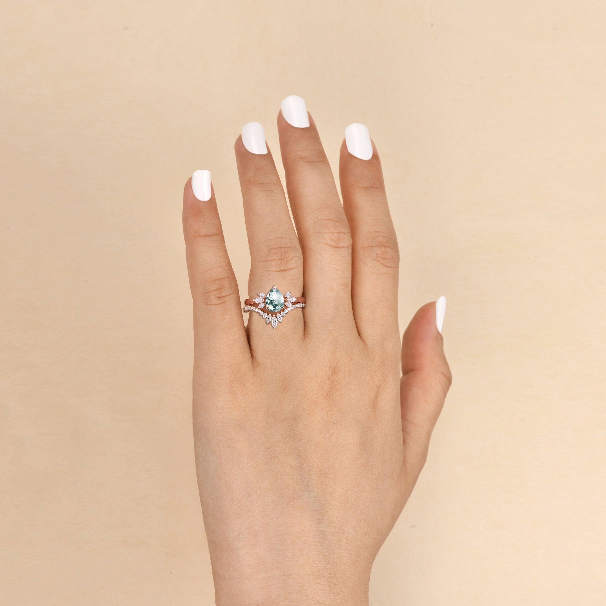 1.5ct Pear Shaped Moss Agate Butterfly Cluster Ring Set 2pcs - Felicegals 丨Wedding ring 丨Fashion ring 丨Diamond ring 丨Gemstone ring