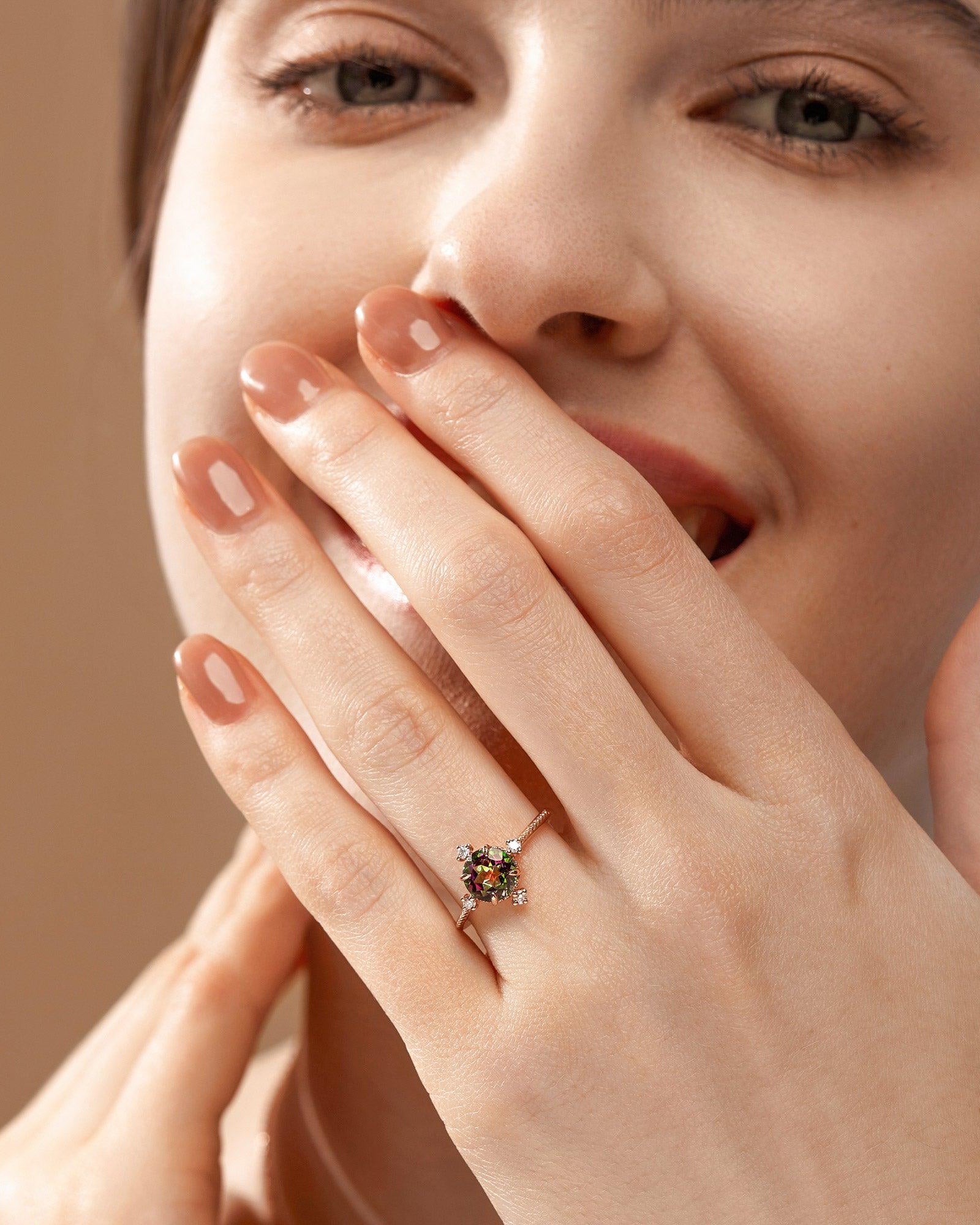 Vintage Inspired Mystic Topaz & Moissanite Rose gold Ring - Felicegals 丨Wedding ring 丨Fashion ring 丨Diamond ring 丨Gemstone ring