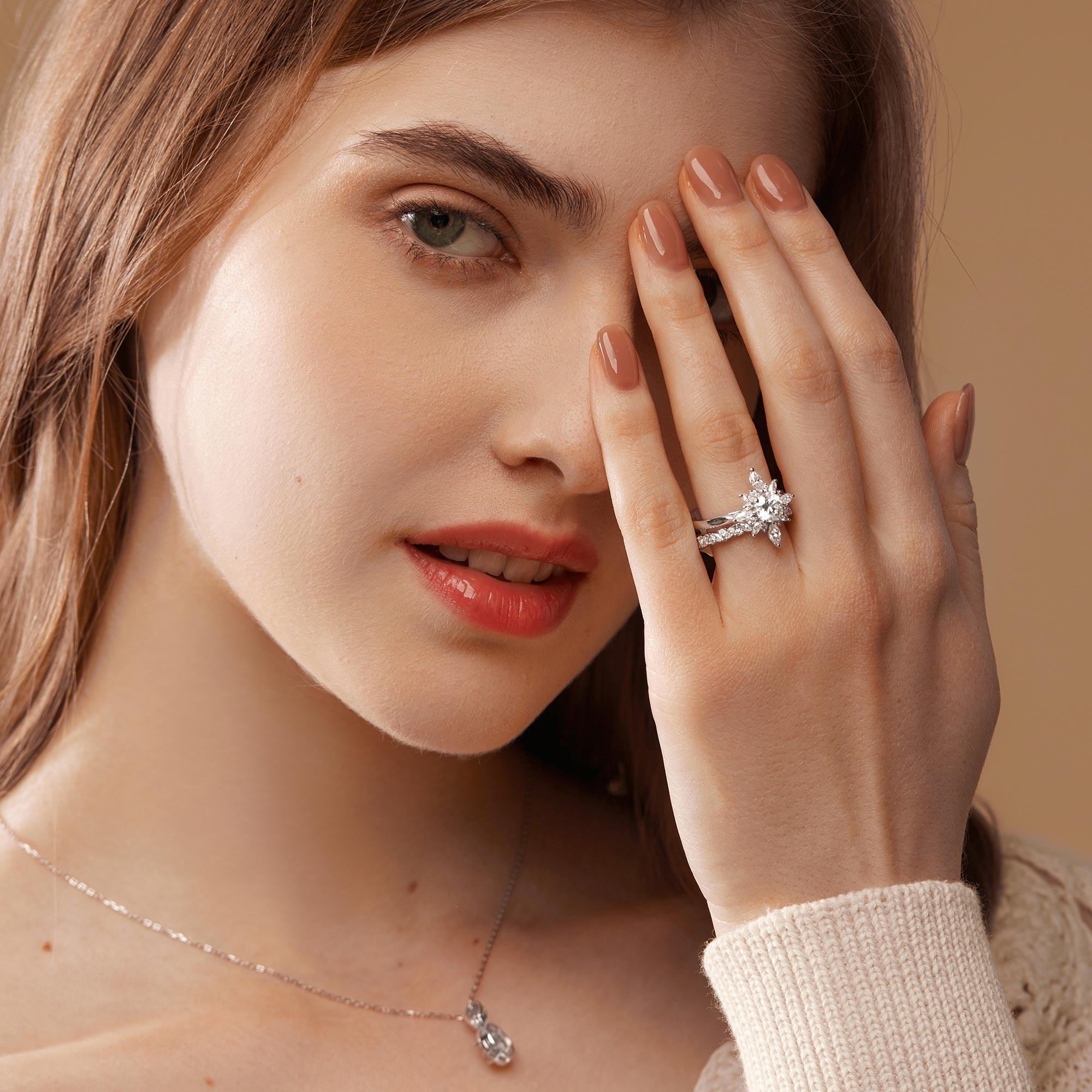 1.0ct Round Cut Moissanite Floral Marquise Cluster Ring Set 2pcs - Felicegals 丨Wedding ring 丨Fashion ring 丨Diamond ring 丨Gemstone ring