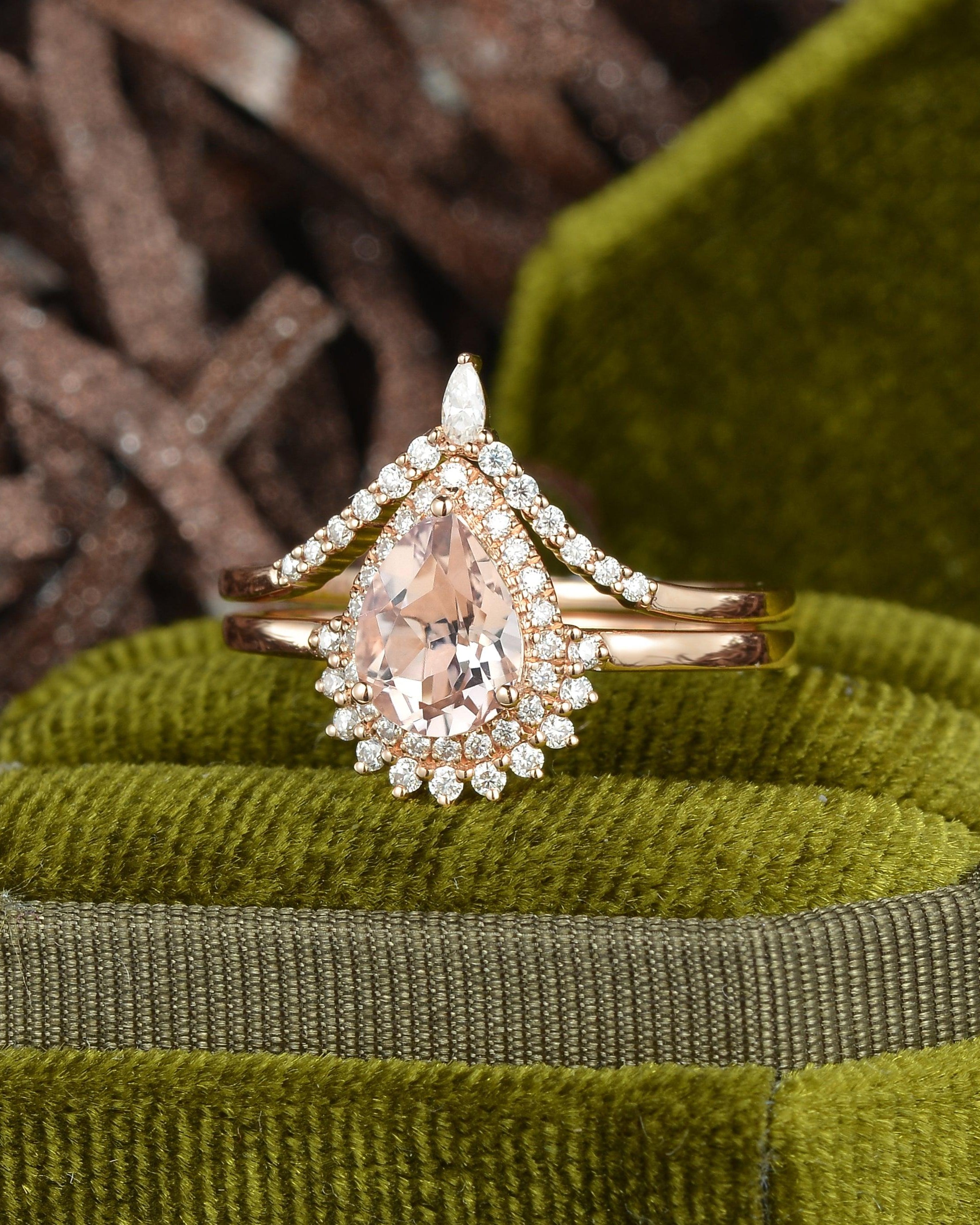 Peachy Morganite Rose Gold Ring Set 2pcs - Felicegals 丨Wedding ring 丨Fashion ring 丨Diamond ring 丨Gemstone ring--Felicegals