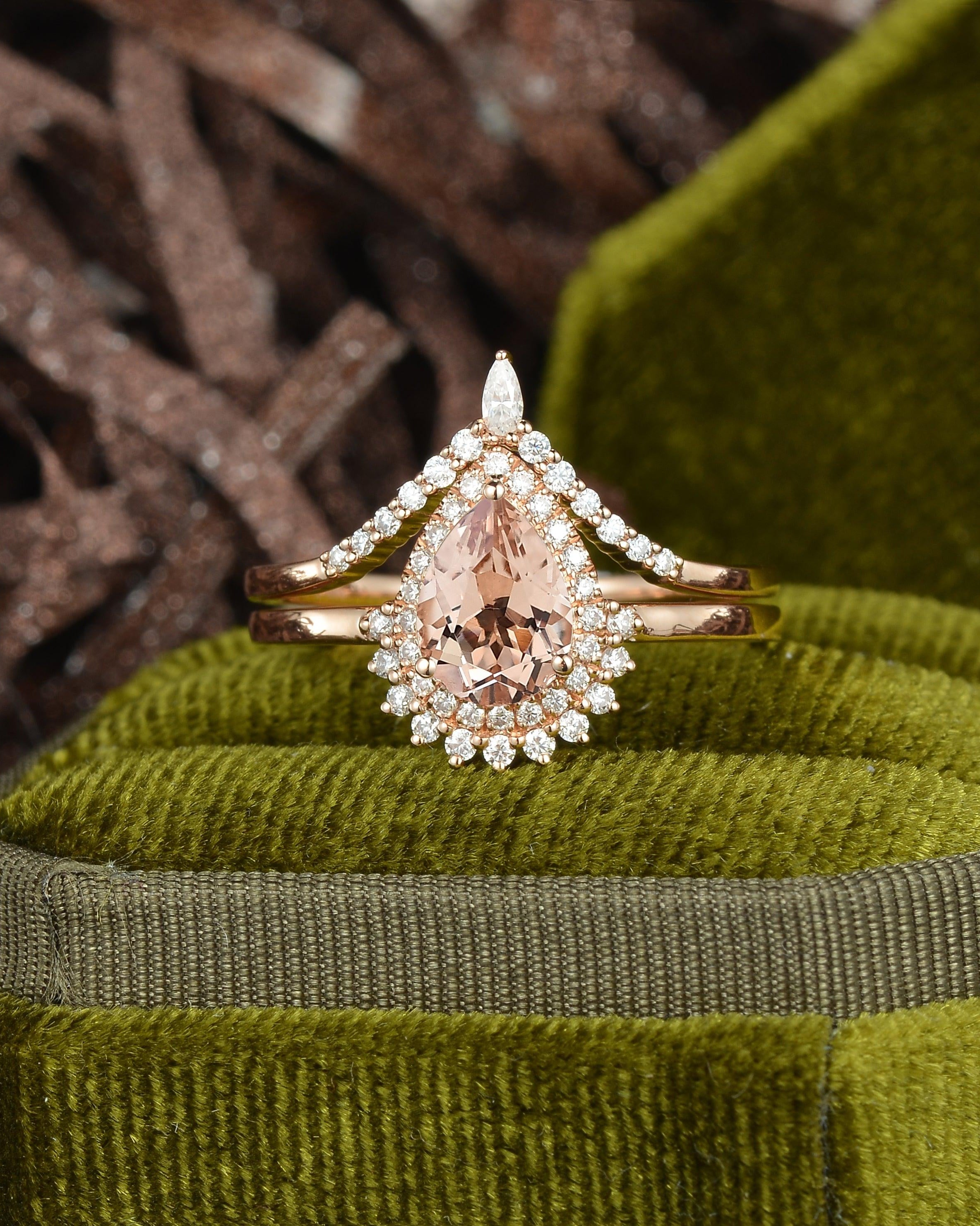 Peachy Morganite Rose Gold Ring Set 2pcs - Felicegals 丨Wedding ring 丨Fashion ring 丨Diamond ring 丨Gemstone ring--Felicegals