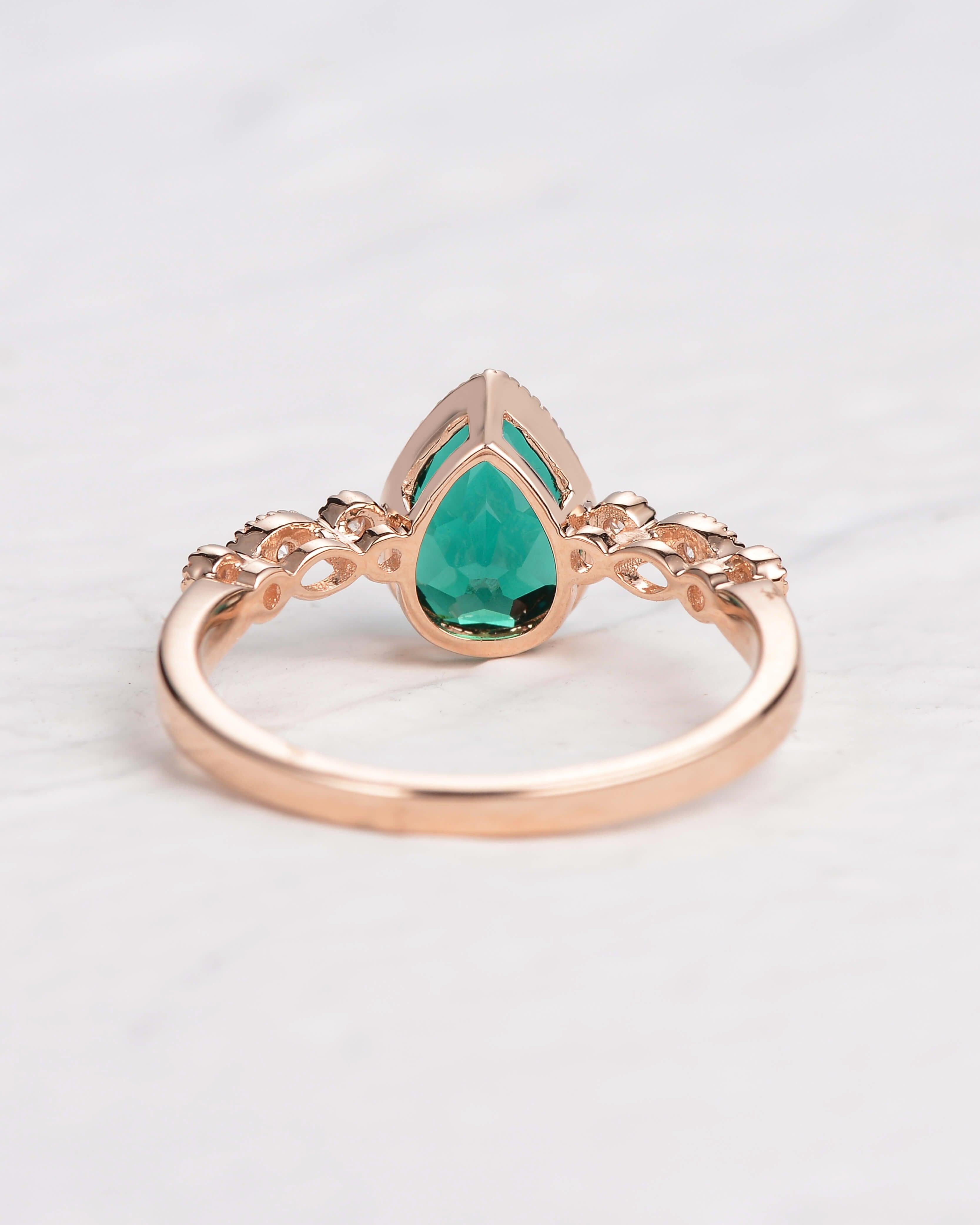 Pear Shaped Lab Emerald Rose Gold Ring - Felicegals 丨Wedding ring 丨Fashion ring 丨Diamond ring 丨Gemstone ring--Felicegals
