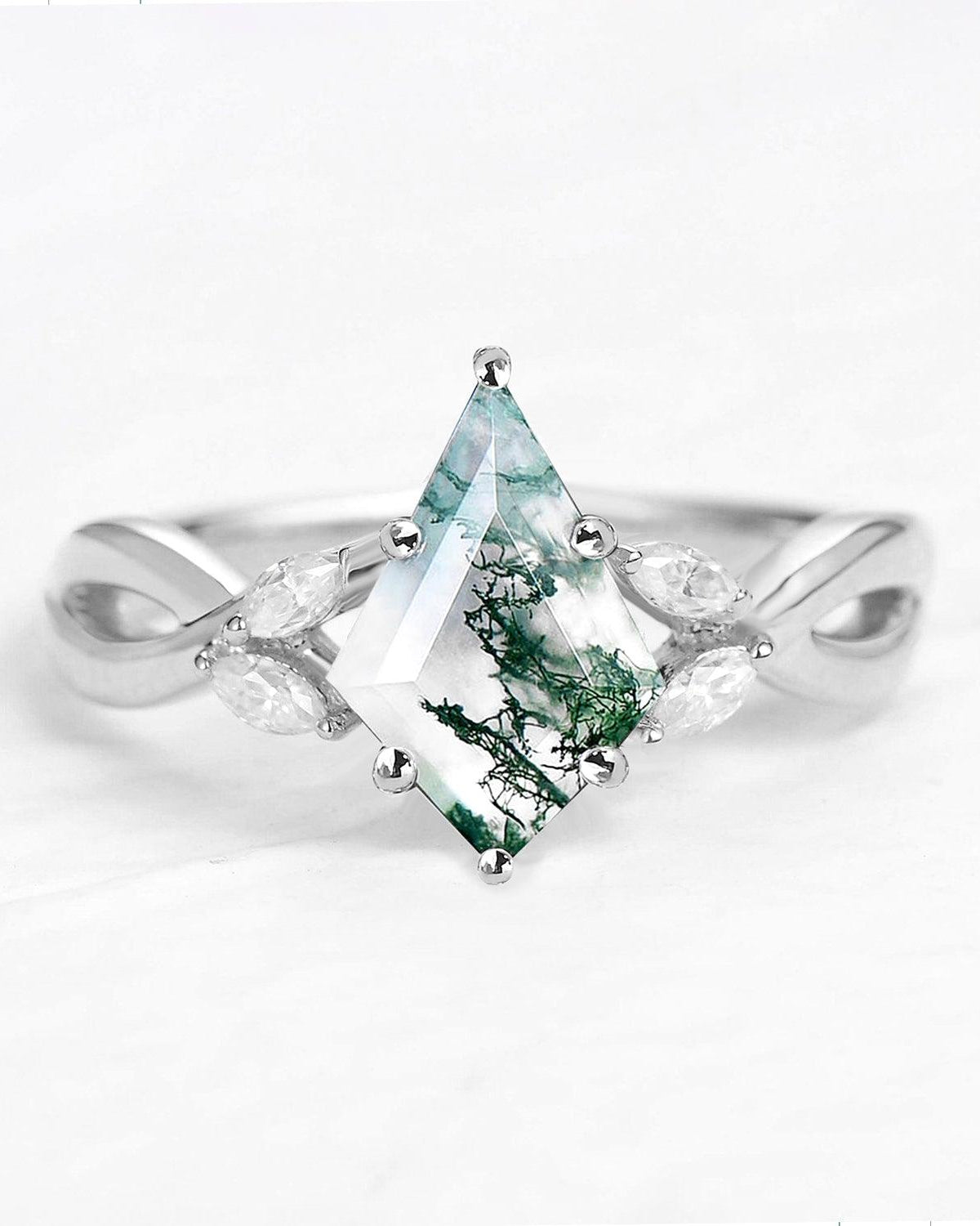 1.5ct Pear Shaped Moss Agate Infinity Engagement Ring - Felicegals 丨Wedding ring 丨Fashion ring 丨Diamond ring 丨Gemstone ring