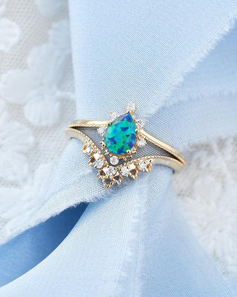 Lab Opal & Moissanite Stacking Yellow Gold Ring - Felicegals