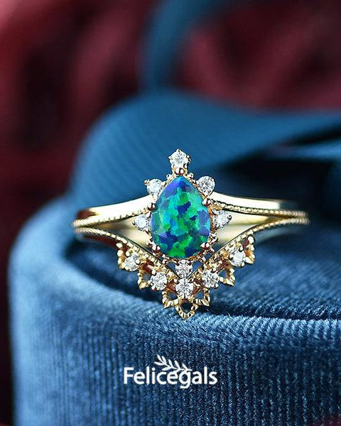 Lab Opal & Moissanite Stacking Yellow Gold Ring - Felicegals