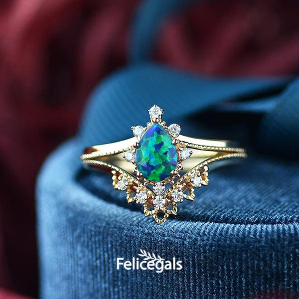 Lab Opal & Moissanite Stacking Yellow Gold Ring - Felicegals