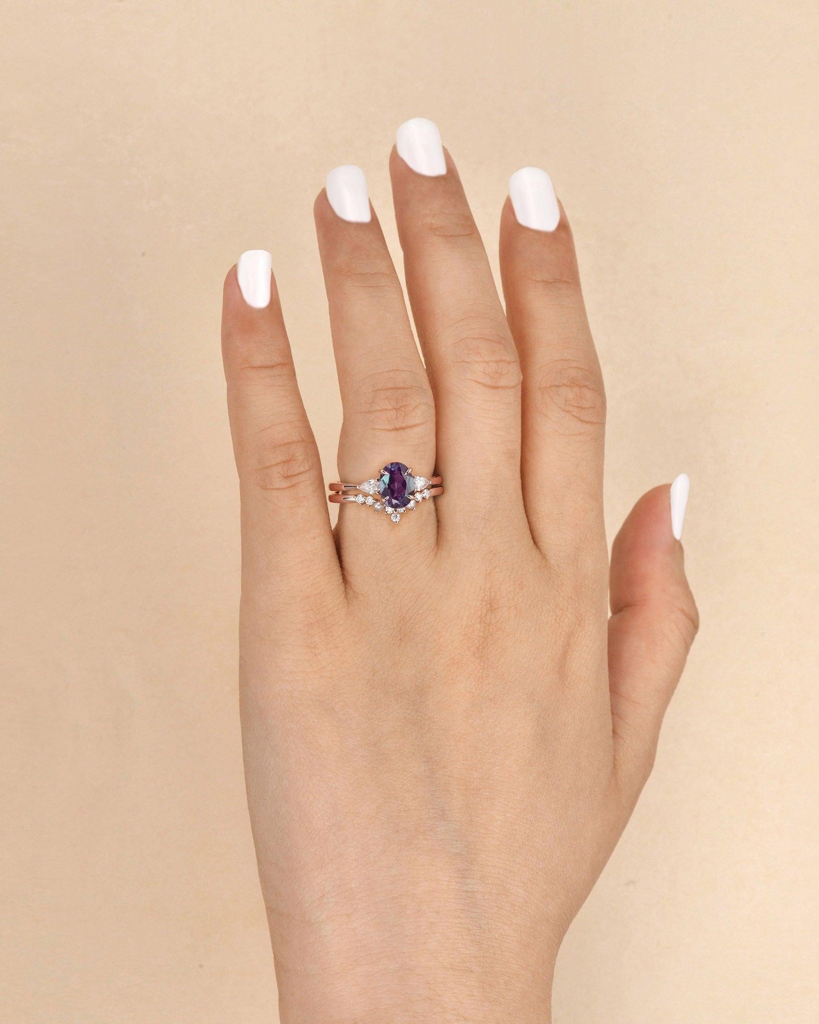 1.5ct Alexandrite Gem-combo Cluster Gold Ring Set 2pcs - Felicegals 丨Wedding ring 丨Fashion ring 丨Diamond ring 丨Gemstone ring