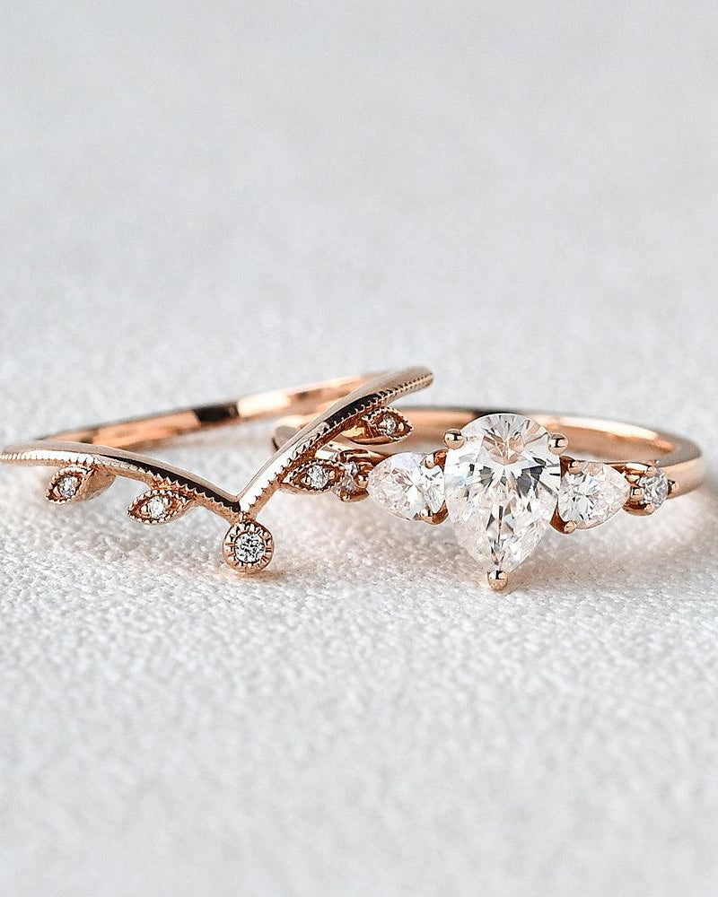 1.2ct Pear Shaped Cluster Moissanite Bridal Set 2pcs Ring - Felicegals