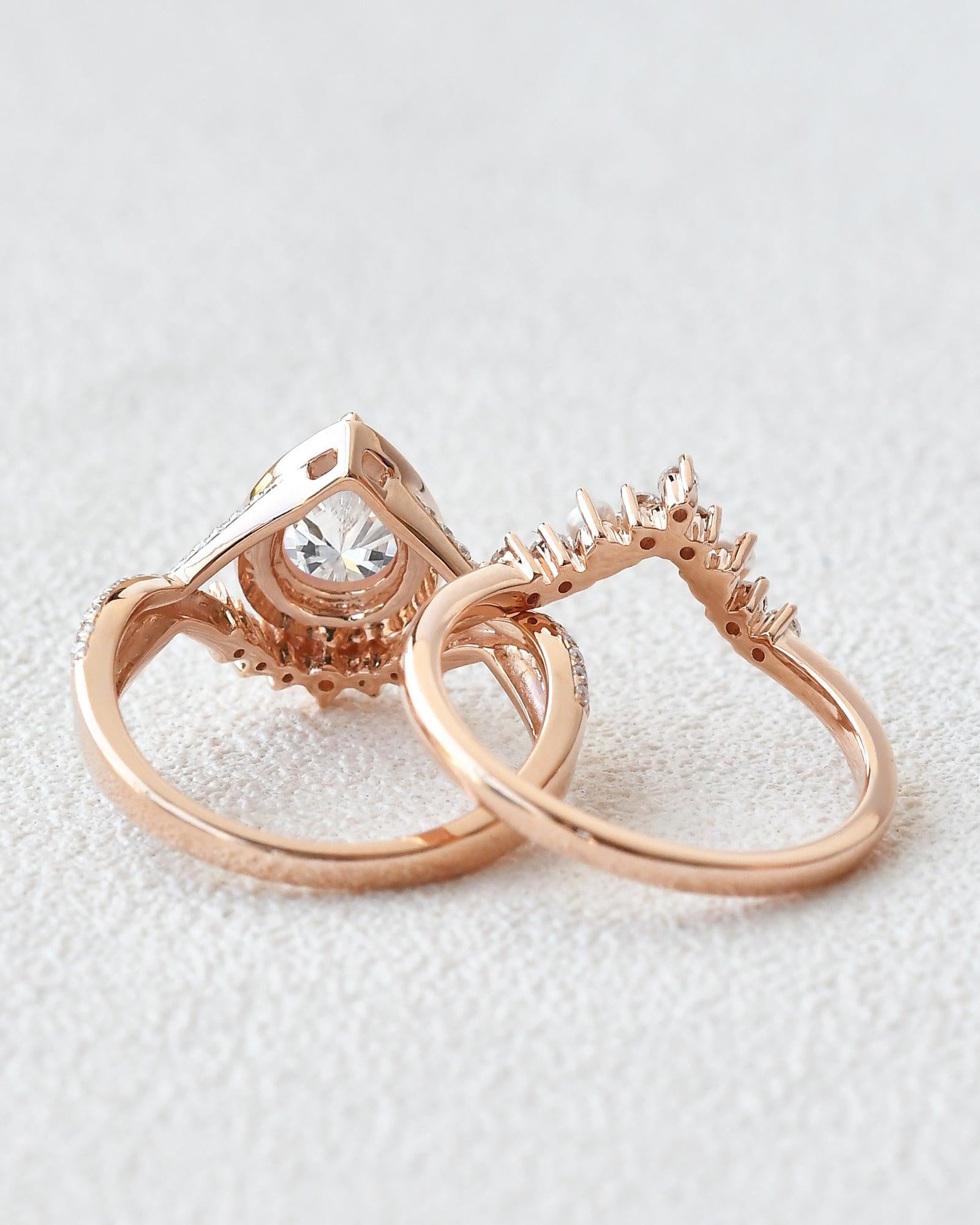 Felicegals Pear Shaped Moissanite Gold Ring Set 2pcs - Felicegals 丨Wedding ring 丨Fashion ring 丨Diamond ring 丨Gemstone ring--Felicegals