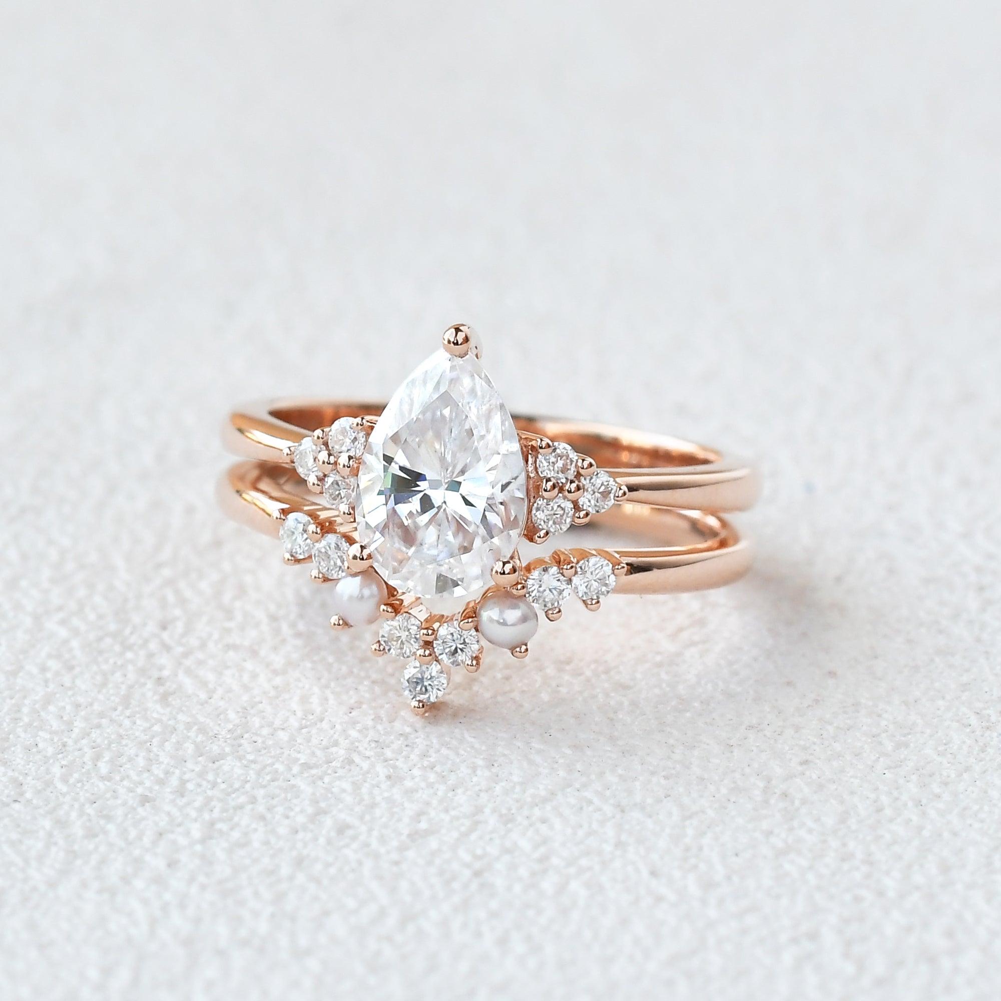 Felicegals Pear Shaped Moissanite Vintage Ring Set 2pcs - Felicegals 丨Wedding ring 丨Fashion ring 丨Diamond ring 丨Gemstone ring-Rings-Felicegals 丨Wedding ring 丨Fashion ring 丨Diamond ring 丨Gemstone ring